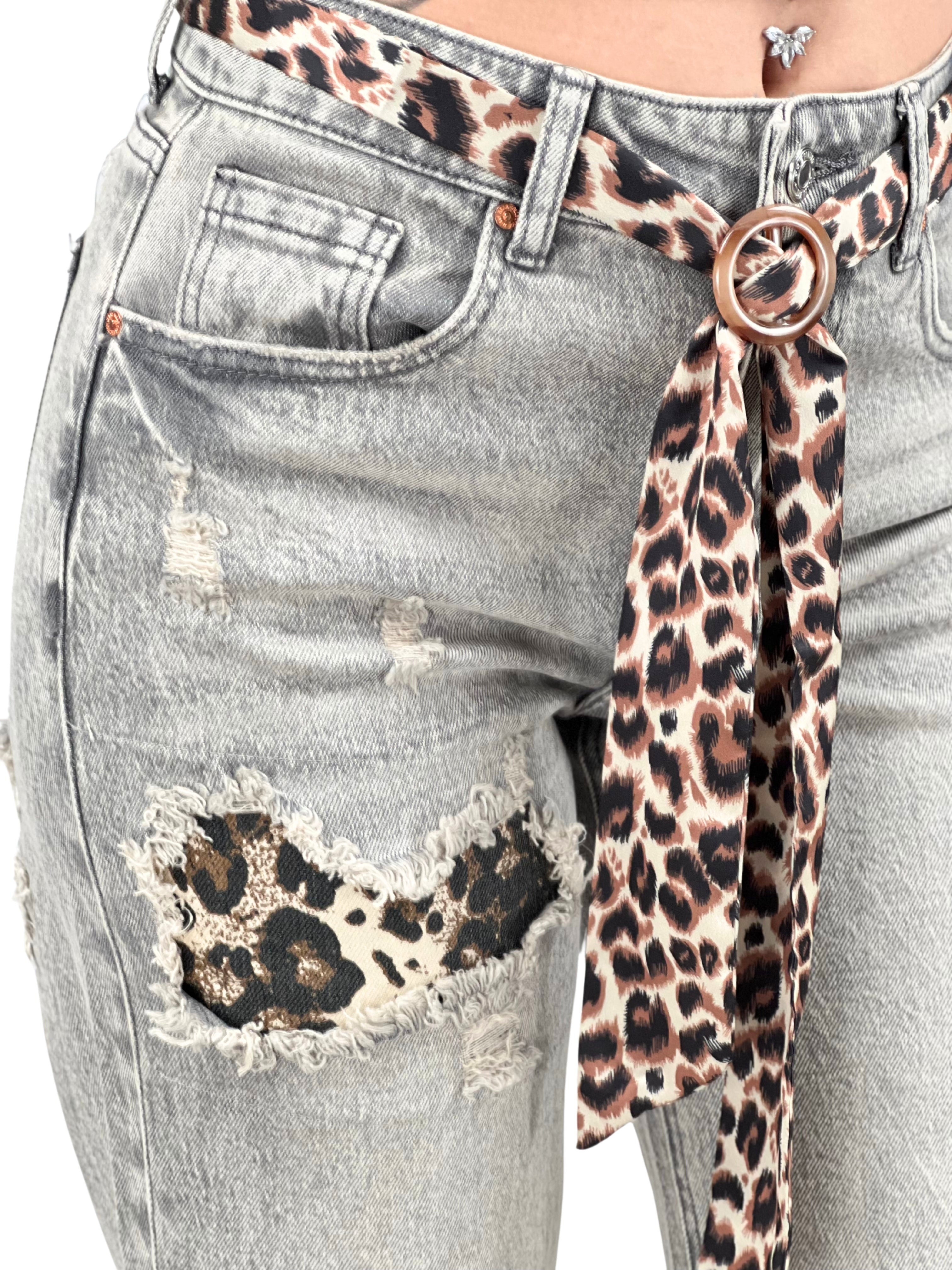 Jeans a palazzo con cinta e inserti maculati e strass-Pink Babol