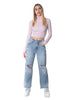 Jeans a palazzo con strappi taglio vivo-Pink Babol