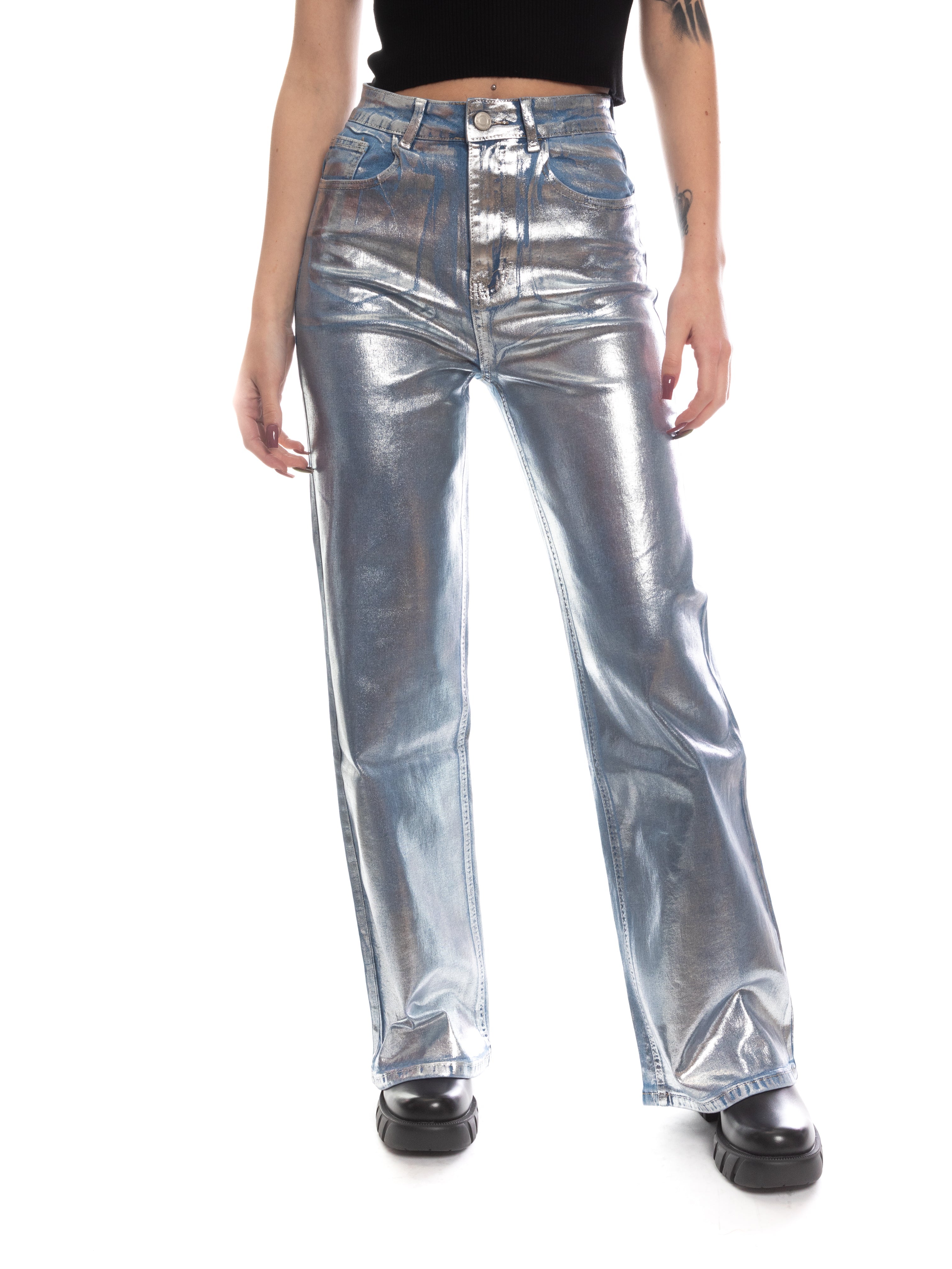 Jeans a palazzo effetto metallizzato-Pink Babol