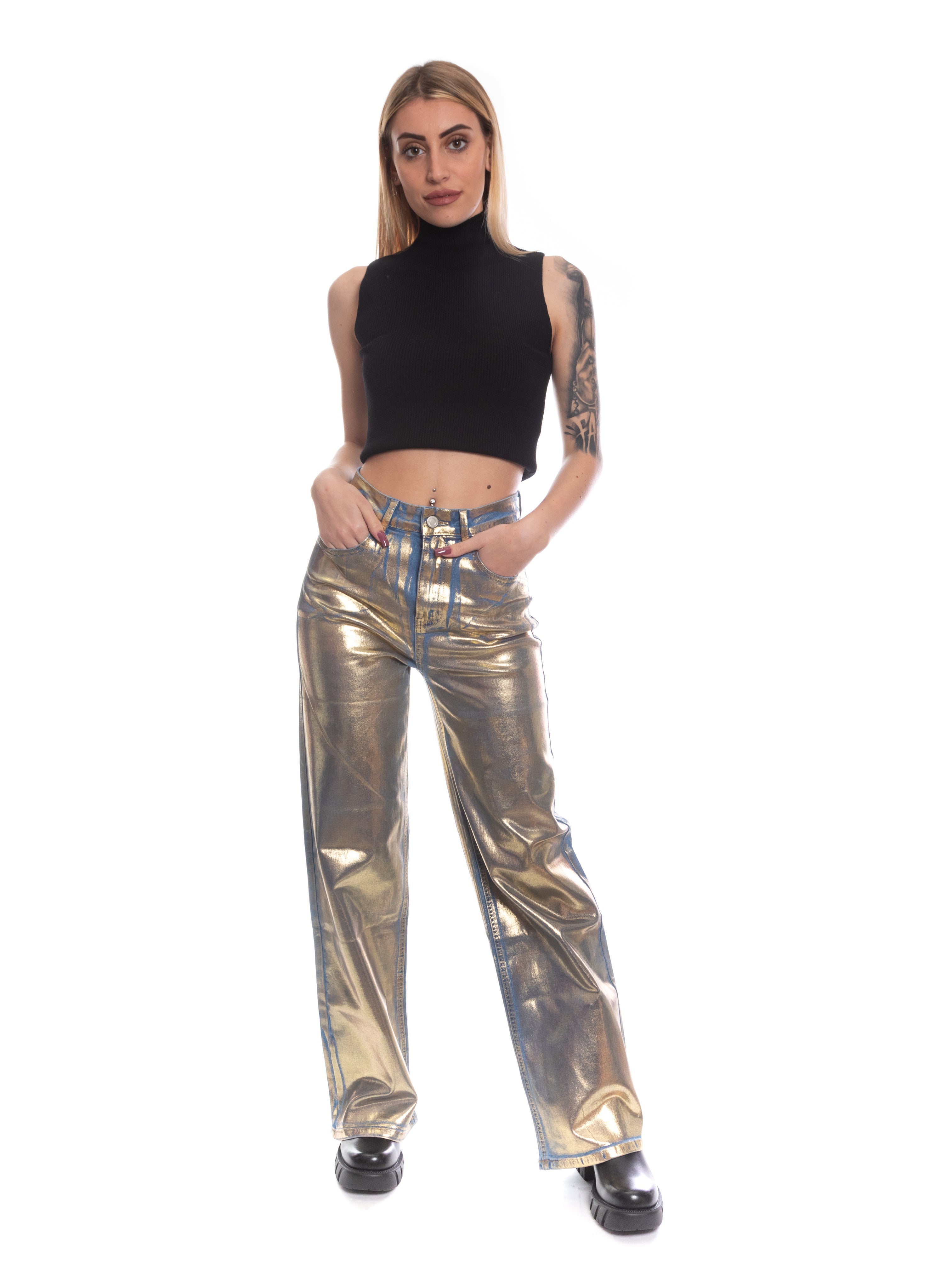 Jeans a palazzo effetto metallizzato-Pink Babol