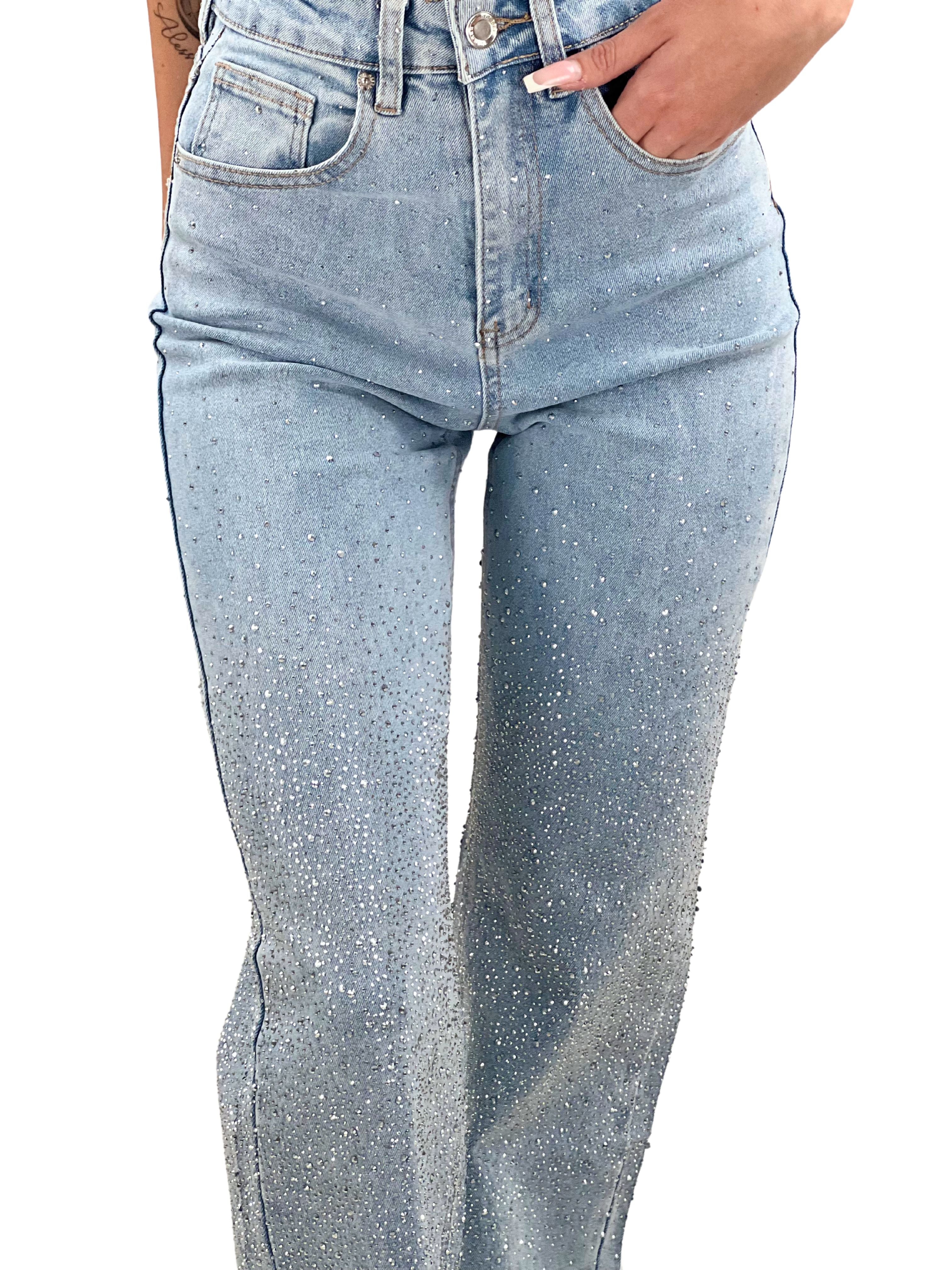 Jeans palazzo vita alta con strass avanti e dietro-Pink Babol