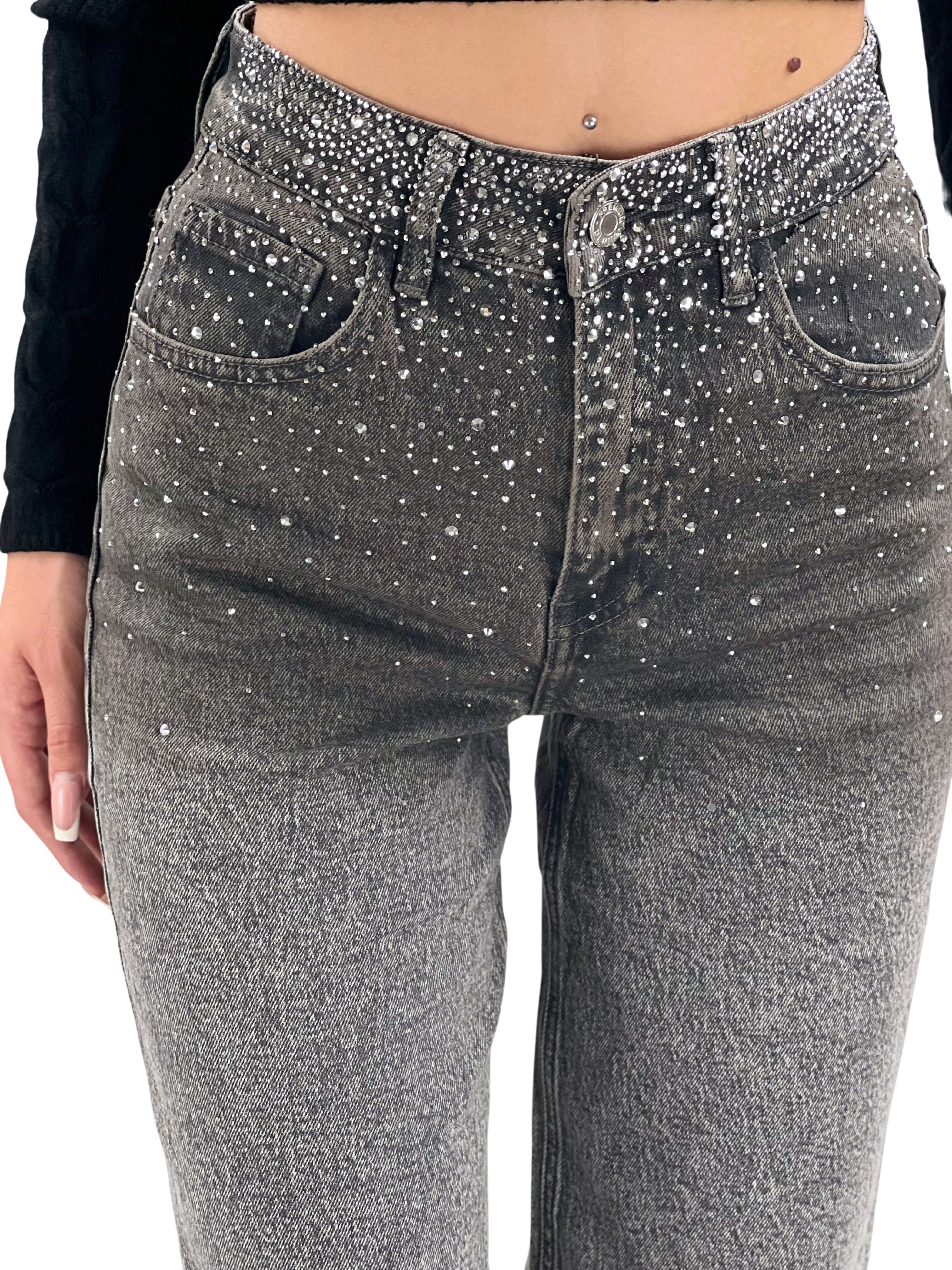 Jeans vita alta con strass a palazzo-Pink Babol