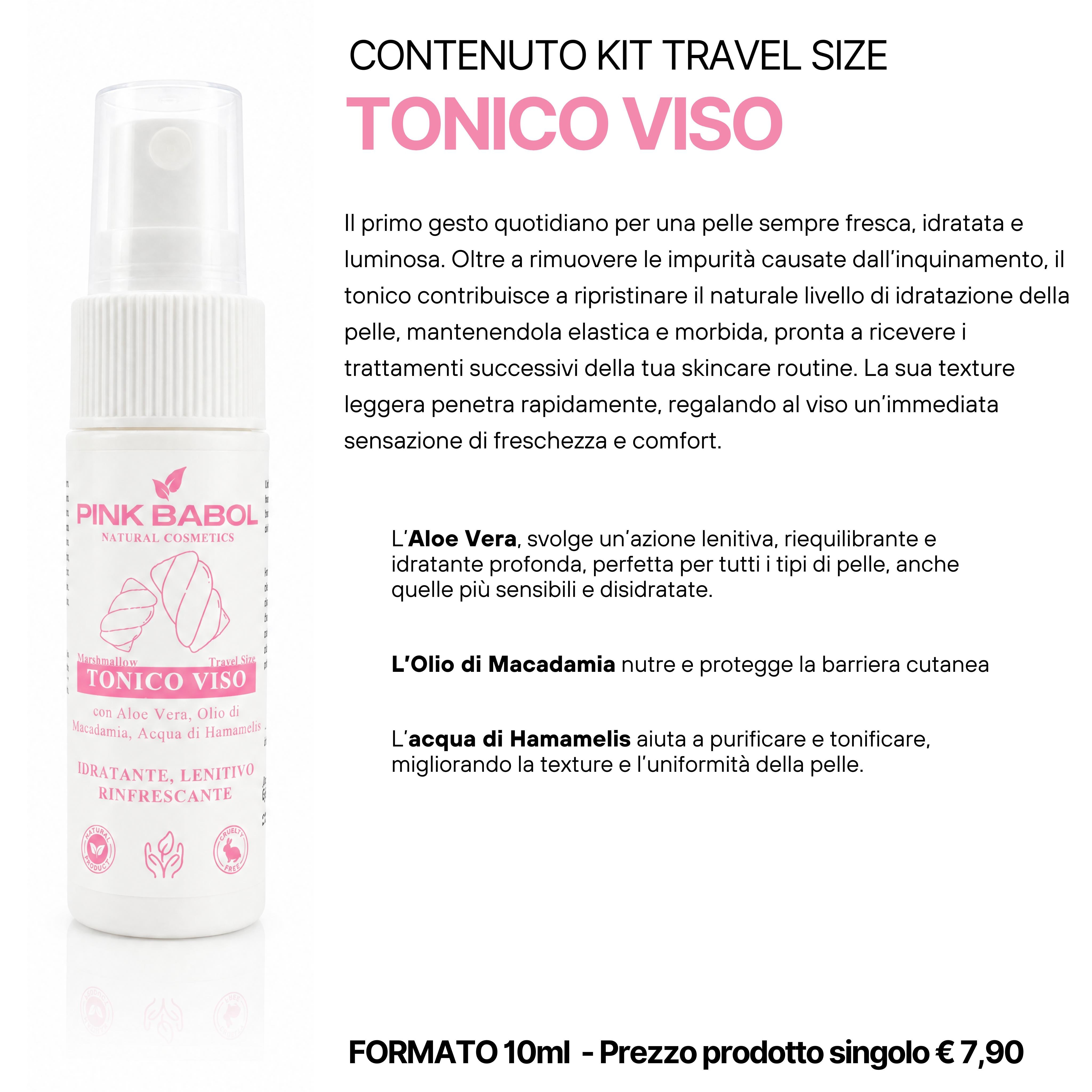 KIT Mini Size/Travel Size Skincare - Crema viso giorno, Crema viso notte, Tonico viso, Scrub viso, Gel Detergente Viso, Struccante Viso-Pink Babol