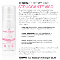 KIT Mini Size/Travel Size Skincare - Crema viso giorno, Crema viso notte, Tonico viso, Scrub viso, Gel Detergente Viso, Struccante Viso-Pink Babol