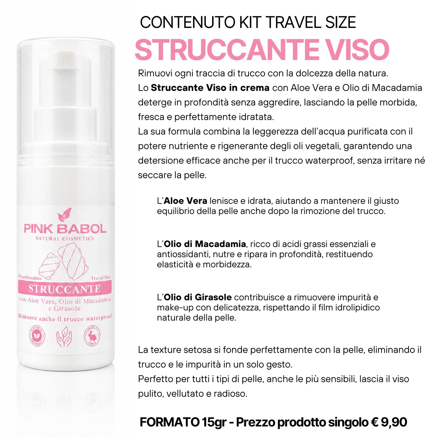 KIT Mini Size/Travel Size Skincare - Crema viso giorno, Crema viso notte, Tonico viso, Scrub viso, Gel Detergente Viso, Struccante Viso-Pink Babol