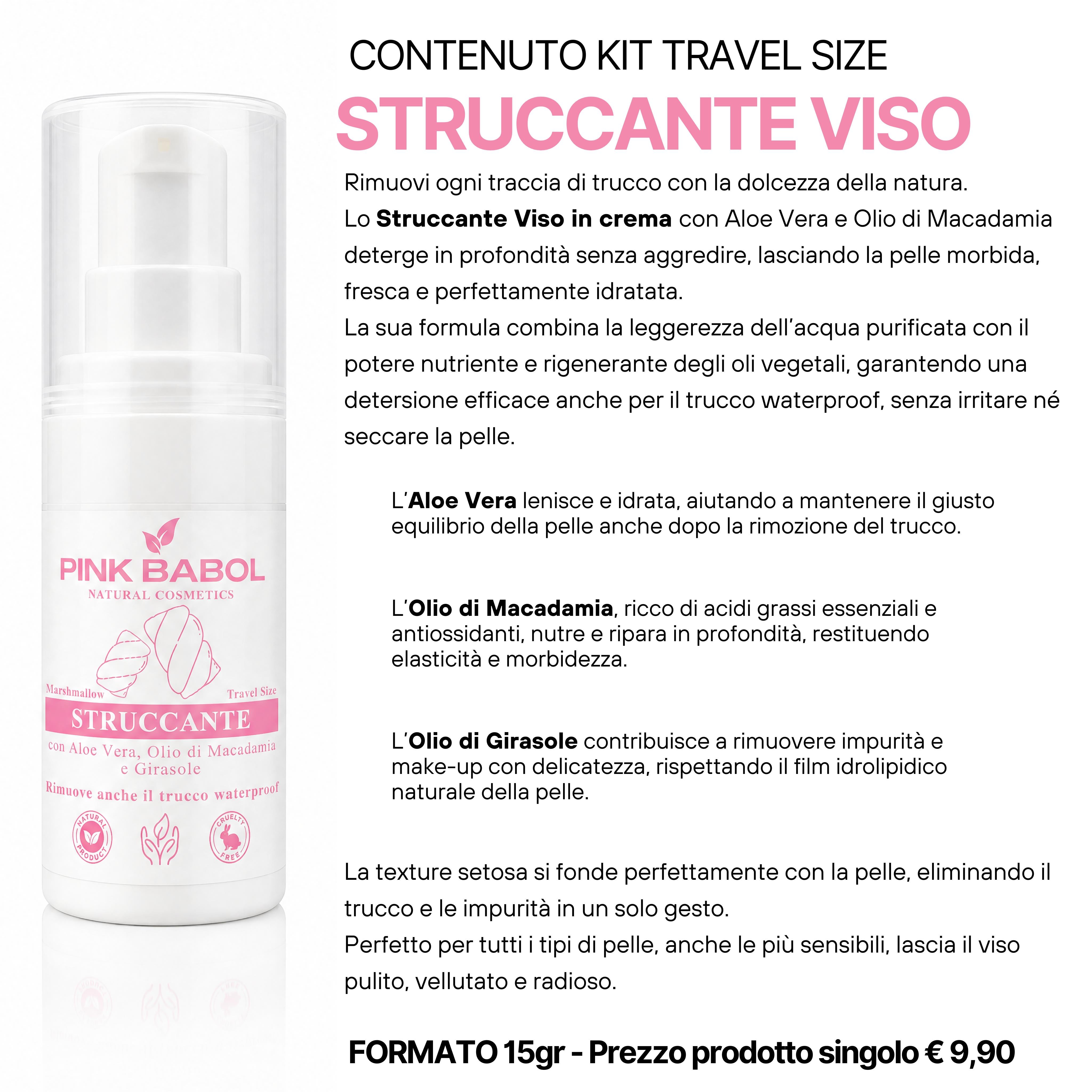 KIT Mini Size/Travel Size Skincare - Crema viso giorno, Crema viso notte, Tonico viso, Scrub viso, Gel Detergente Viso, Struccante Viso-Pink Babol