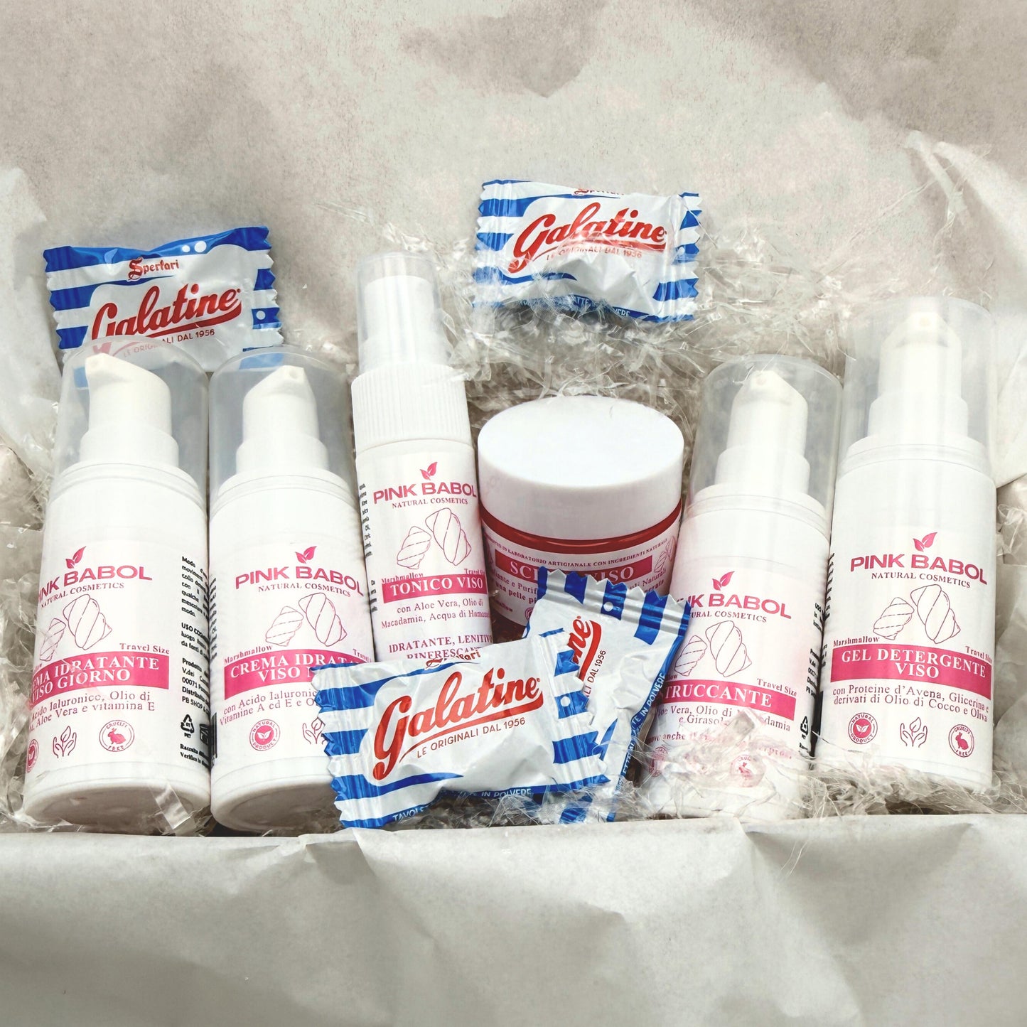 KIT Mini Size/Travel Size Skincare - Crema viso giorno, Crema viso notte, Tonico viso, Scrub viso, Gel Detergente Viso, Struccante Viso-Pink Babol