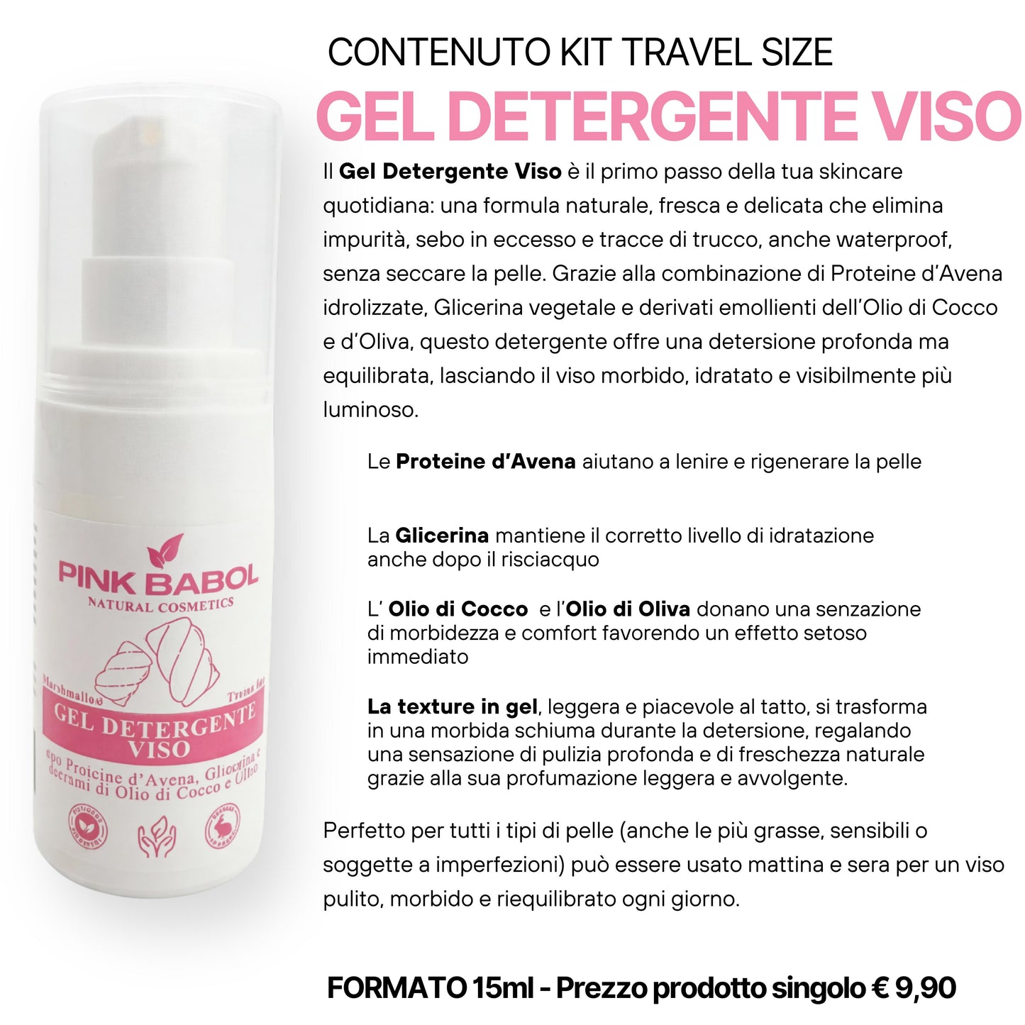 KIT Mini Size/Travel Size Skincare - Crema viso giorno, Crema viso notte, Tonico viso, Scrub viso, Gel Detergente Viso, Struccante Viso-Pink Babol