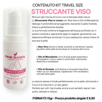 KIT Mini Size/Travel Size Skincare - Crema viso giorno, Crema viso notte, Tonico viso, Scrub viso, Gel Detergente Viso, Struccante Viso-Pink Babol
