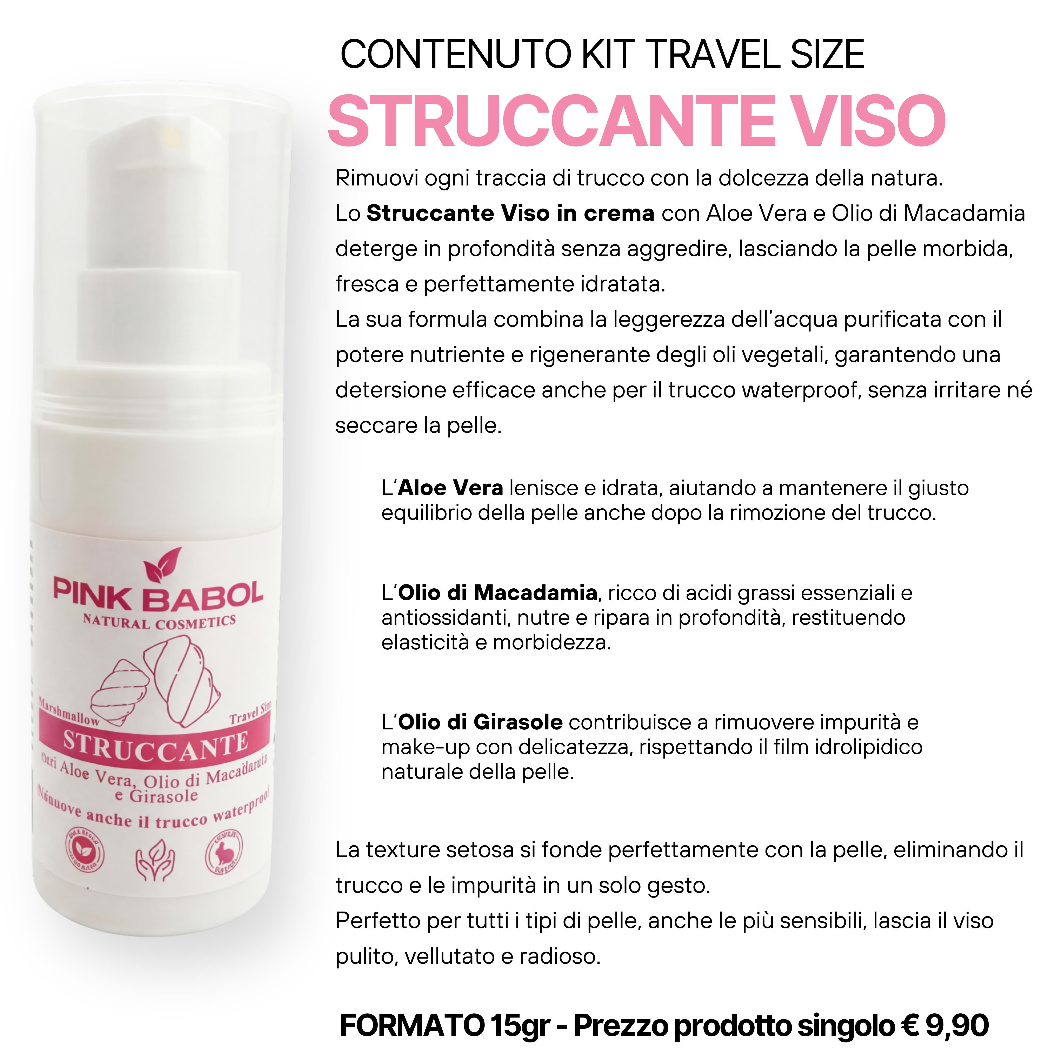KIT Mini Size/Travel Size Skincare - Crema viso giorno, Crema viso notte, Tonico viso, Scrub viso, Gel Detergente Viso, Struccante Viso-Pink Babol