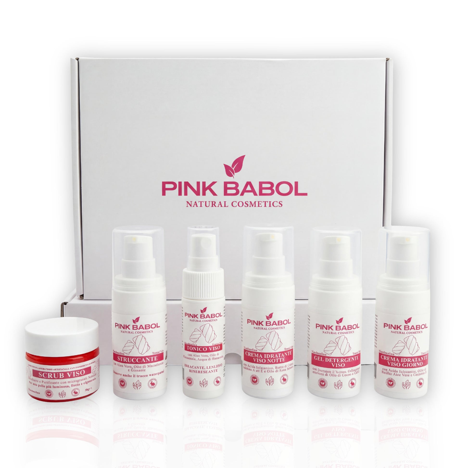 KIT Mini Size/Travel Size Skincare - Crema viso giorno, Crema viso notte, Tonico viso, Scrub viso, Gel Detergente Viso, Struccante Viso-Pink Babol