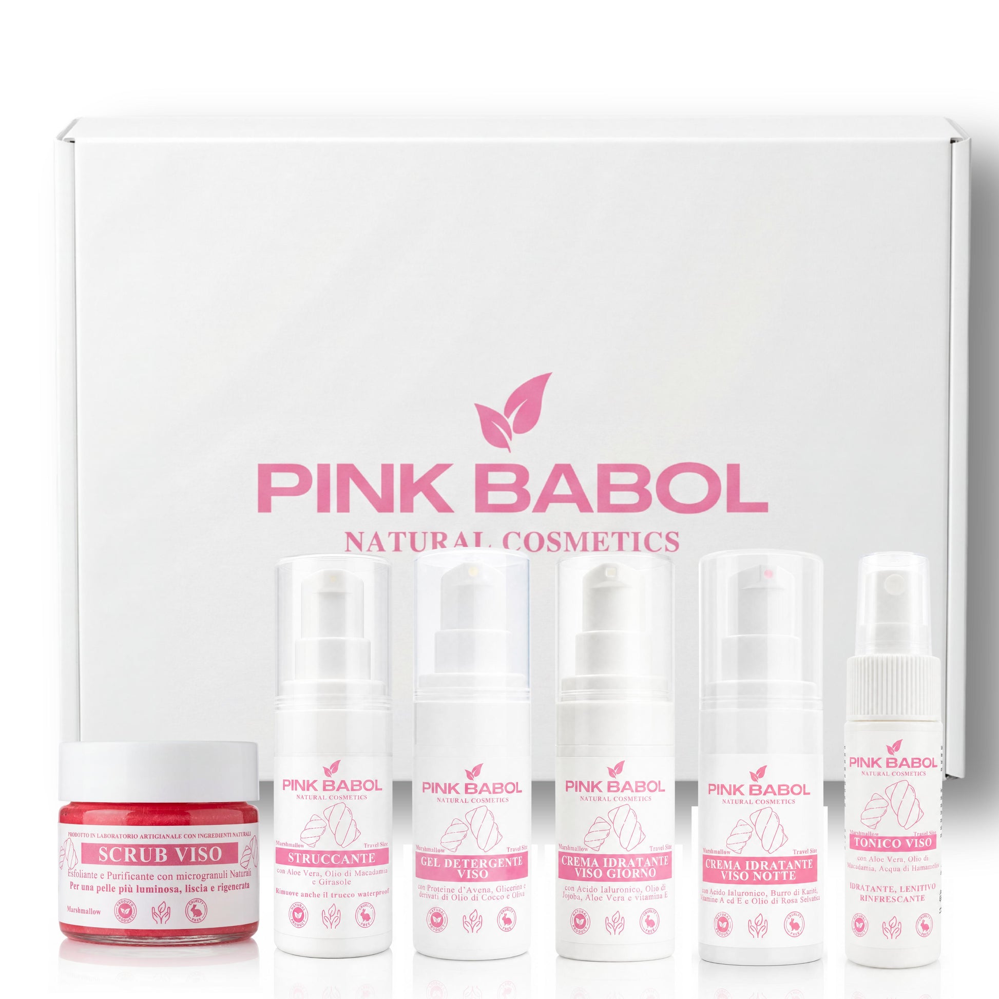 KIT Mini Size/Travel Size Skincare - Crema viso giorno, Crema viso notte, Tonico viso, Scrub viso, Gel Detergente Viso, Struccante Viso-Pink Babol