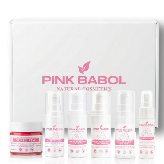 KIT Mini Size/Travel Size Skincare - Crema viso giorno, Crema viso notte, Tonico viso, Scrub viso, Gel Detergente Viso, Struccante Viso-Pink Babol