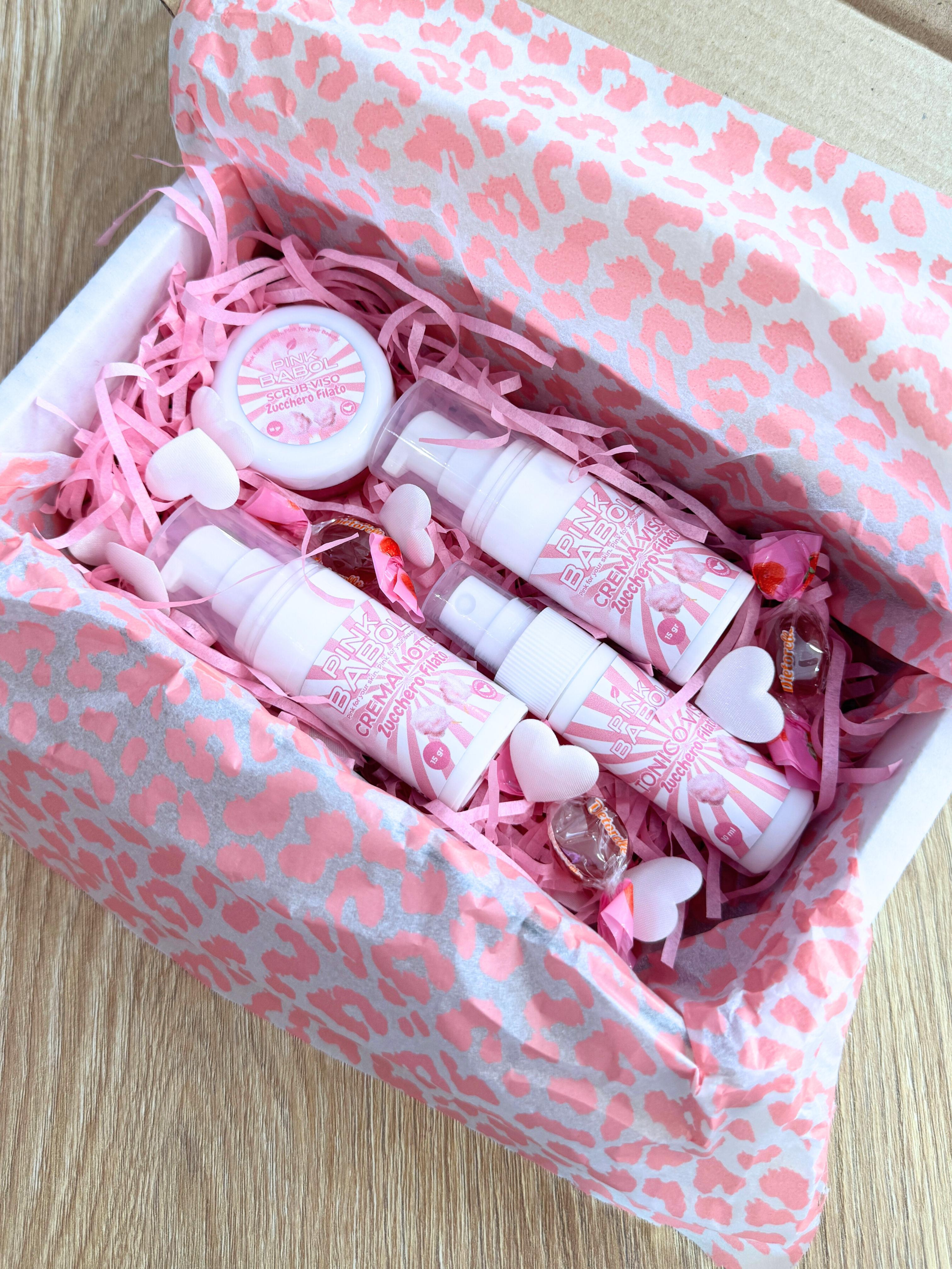 KIT mini size skincare - Crema viso giorno, Crema viso notte, Tonico viso, Scrub viso-Pink Babol