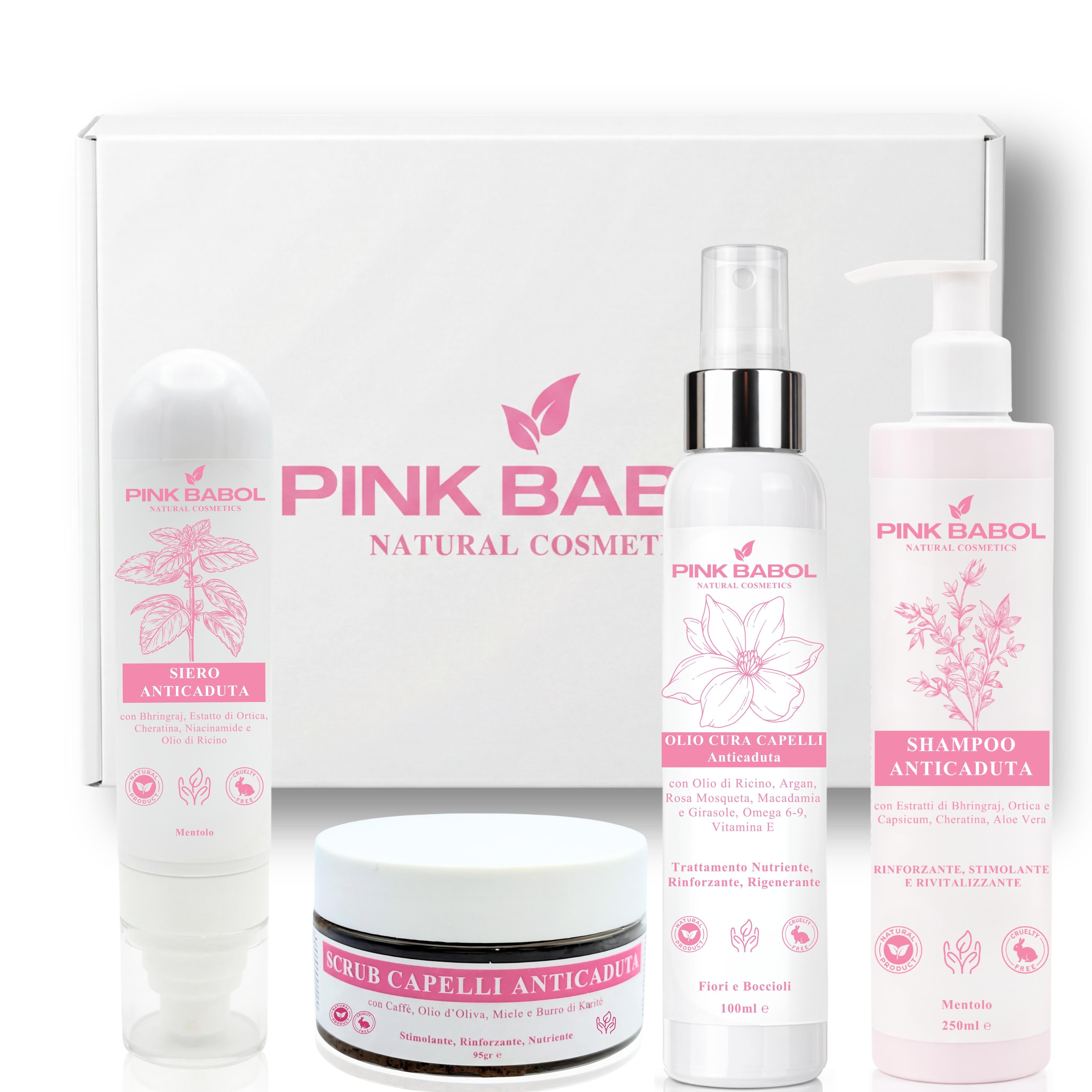 Kit Anticaduta - Routine Completa Rinforzante per Capelli con Siero + Shampoo + Scrub + Olio Cura Capelli-Pink Babol