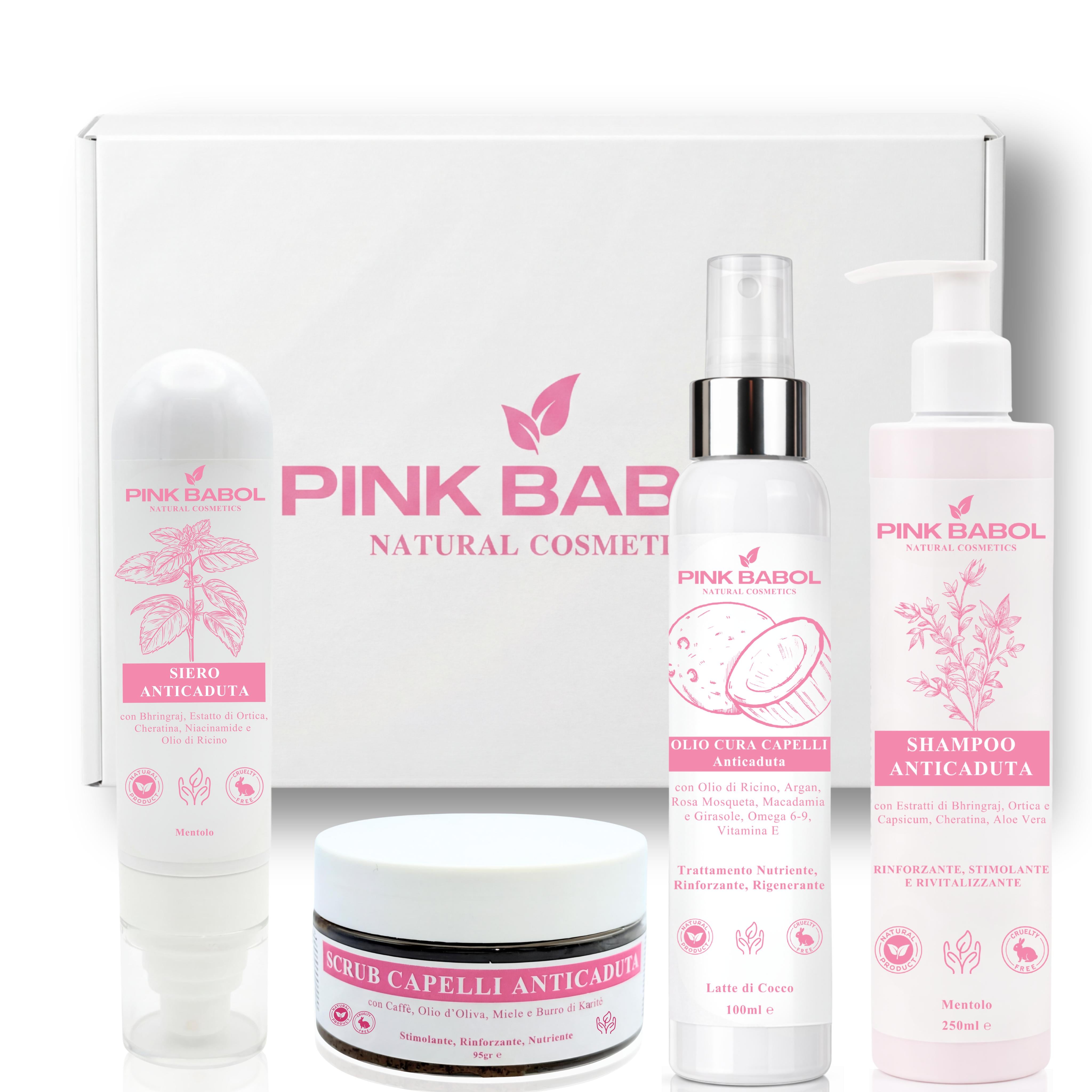 Kit Anticaduta - Routine Completa Rinforzante per Capelli con Siero + Shampoo + Scrub + Olio Cura Capelli-Pink Babol