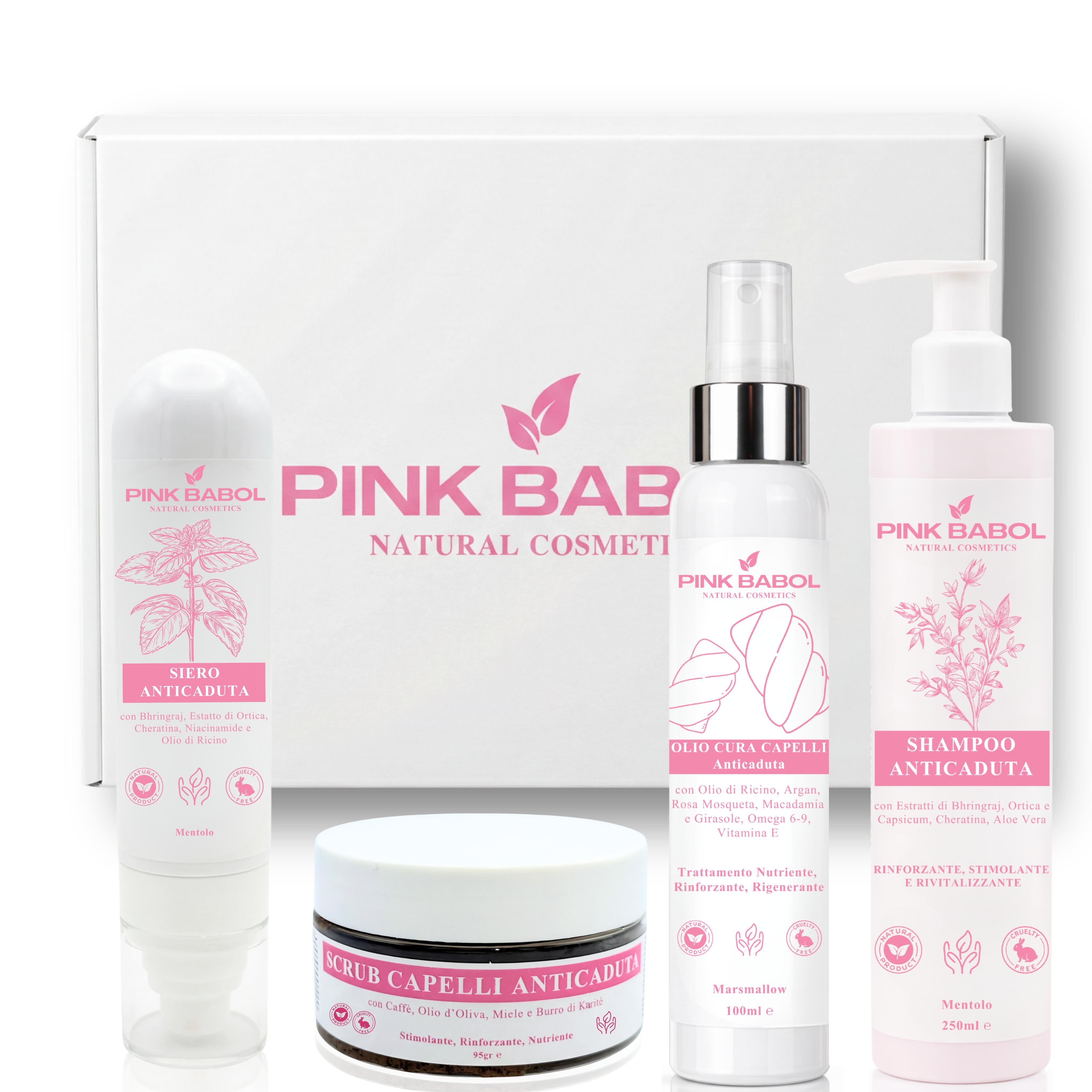 Kit Anticaduta - Routine Completa Rinforzante per Capelli con Siero + Shampoo + Scrub + Olio Cura Capelli-Pink Babol