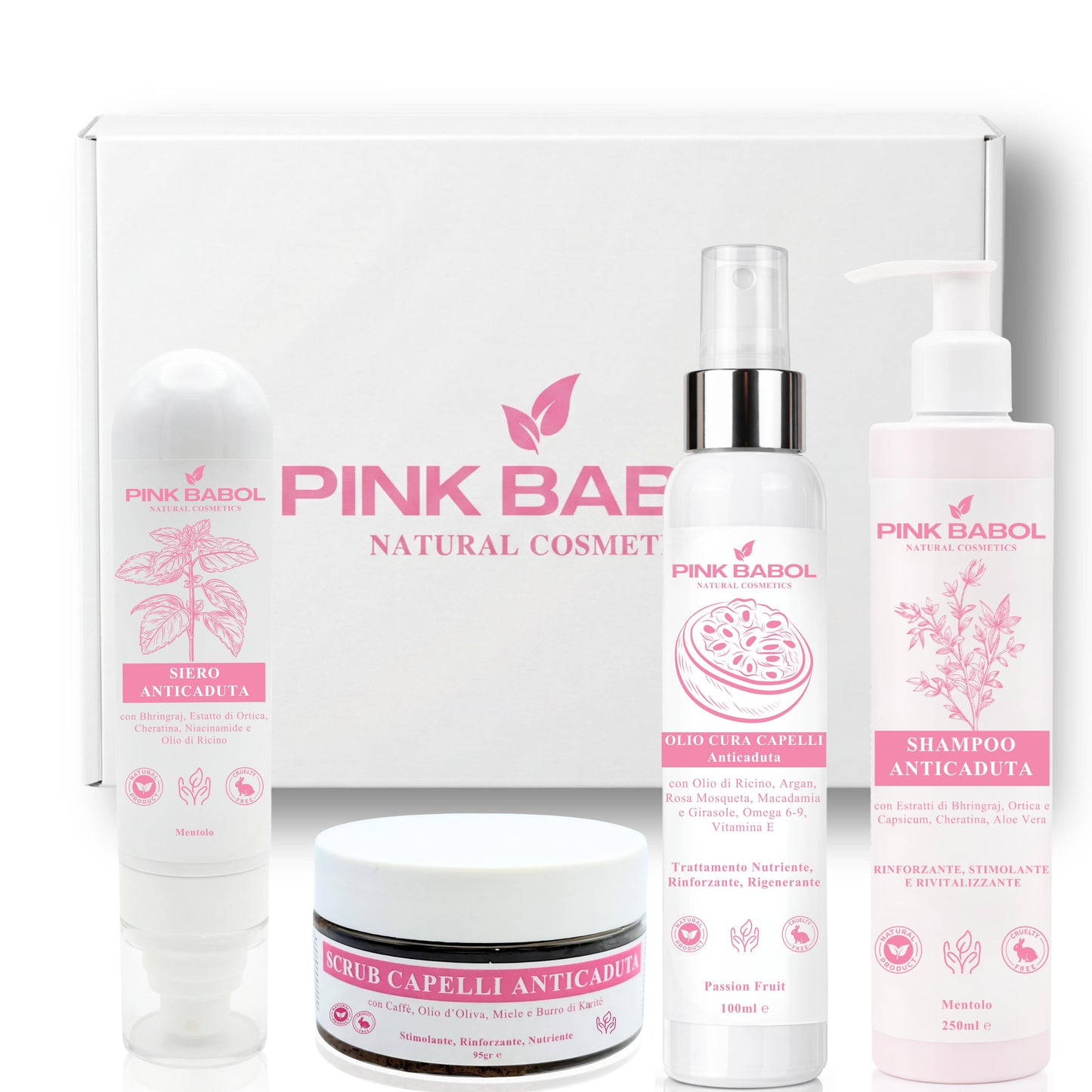 Kit Anticaduta - Routine Completa Rinforzante per Capelli con Siero + Shampoo + Scrub + Olio Cura Capelli-Pink Babol
