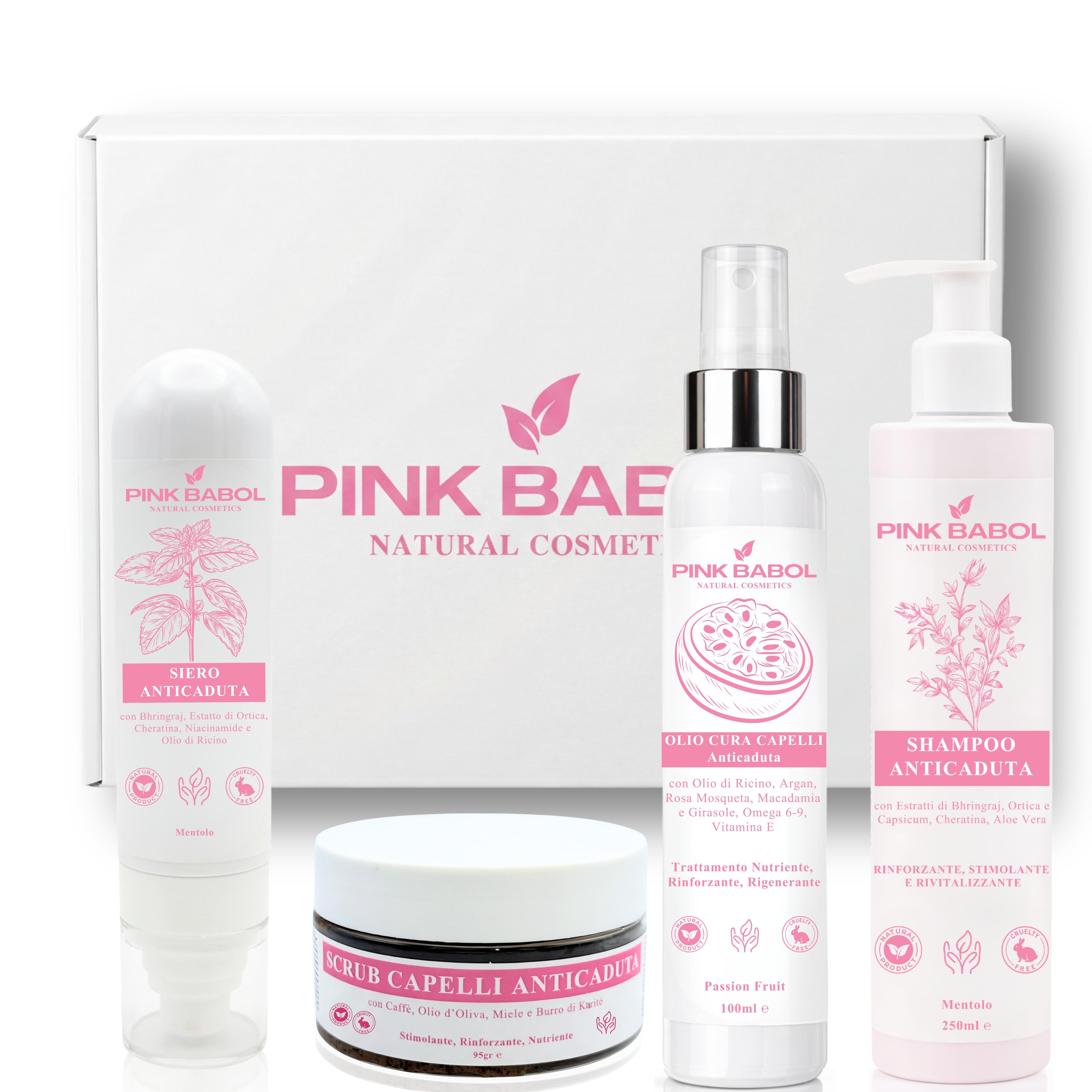 Kit Anticaduta - Routine Completa Rinforzante per Capelli con Siero + Shampoo + Scrub + Olio Cura Capelli-Pink Babol