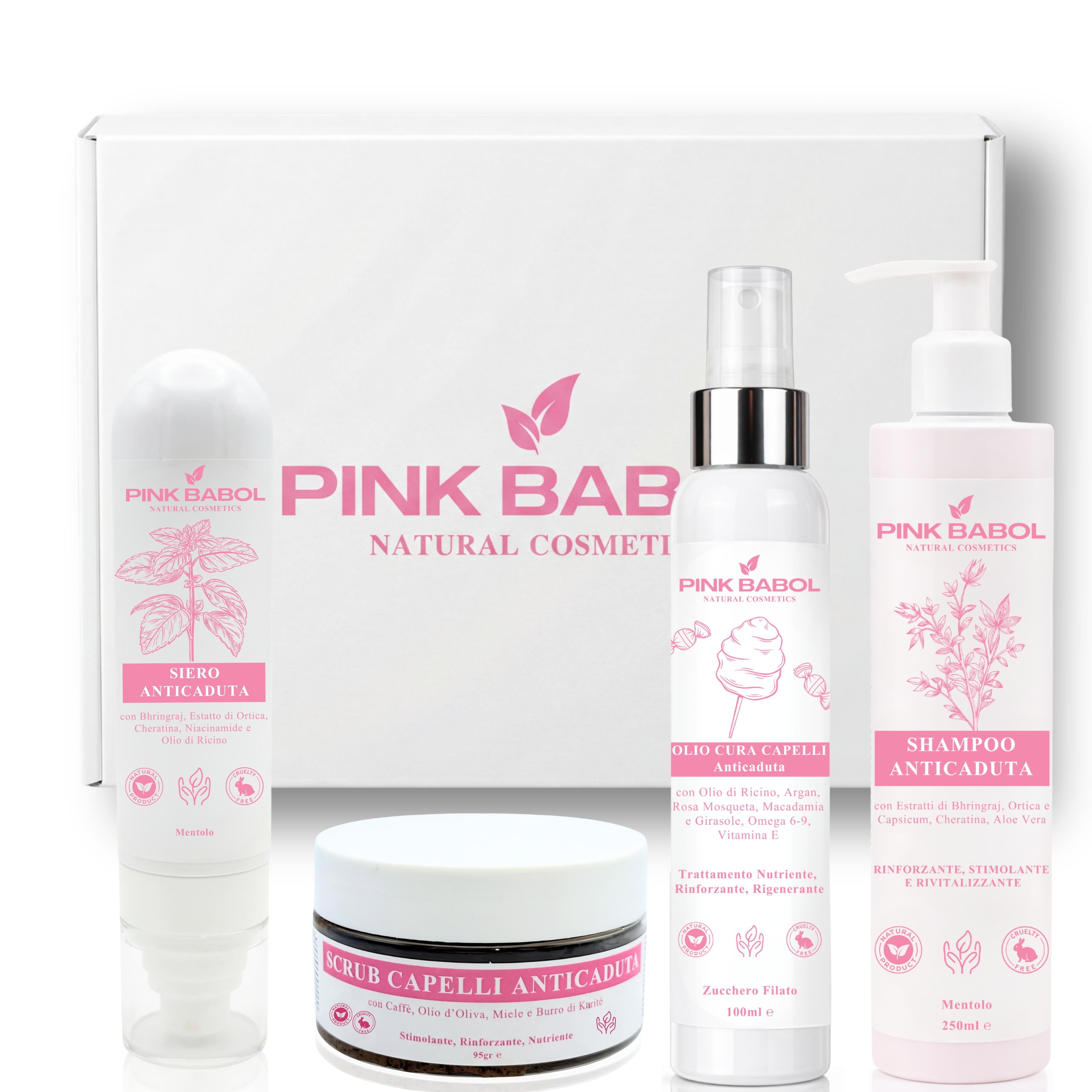 Kit Anticaduta - Routine Completa Rinforzante per Capelli con Siero + Shampoo + Scrub + Olio Cura Capelli-Pink Babol