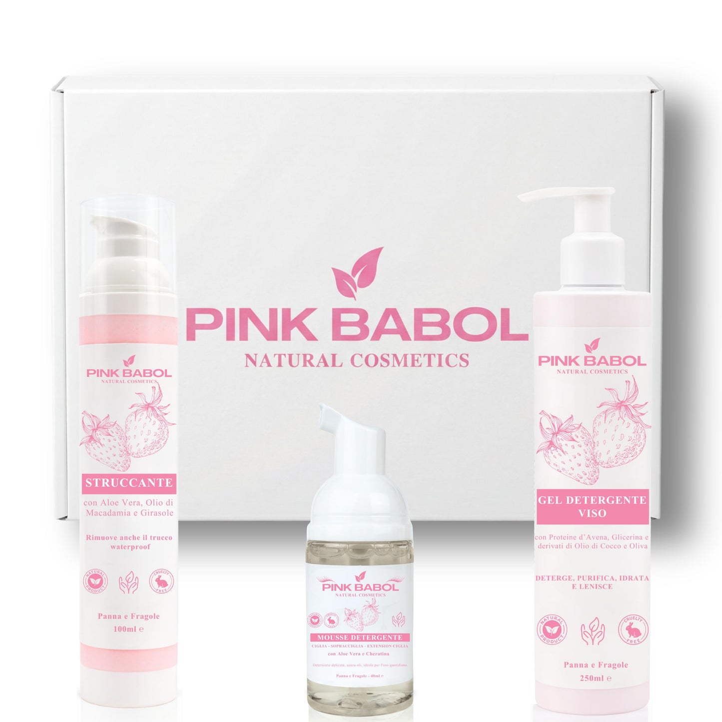 Kit Detersione PRO - Routine Completa di Pulizia Viso con Struccante in Crema + Gel detergente + Mousse Detergente Ciglia, Sopracciglia, Extension Ciglia-Pink Babol