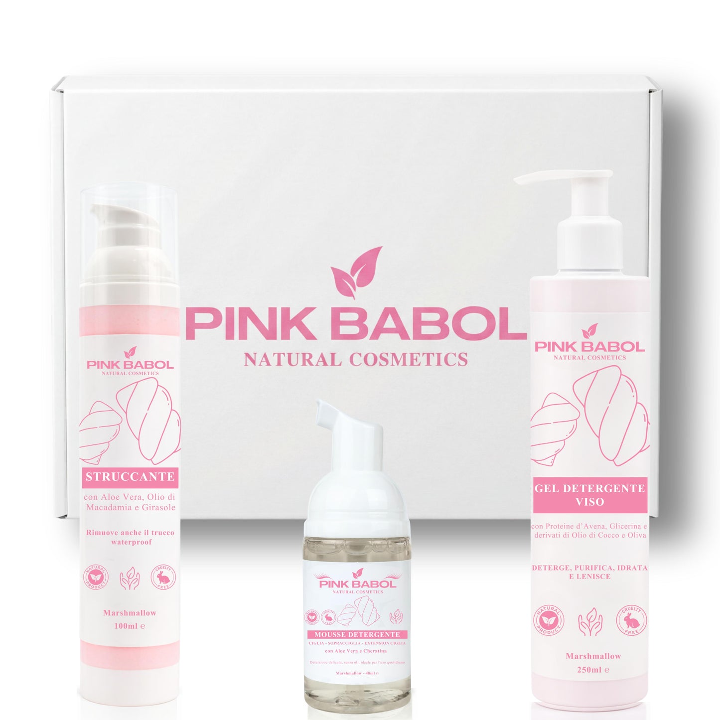 Kit Detersione PRO - Routine Completa di Pulizia Viso con Struccante in Crema + Gel detergente + Mousse Detergente Ciglia, Sopracciglia, Extension Ciglia-Pink Babol