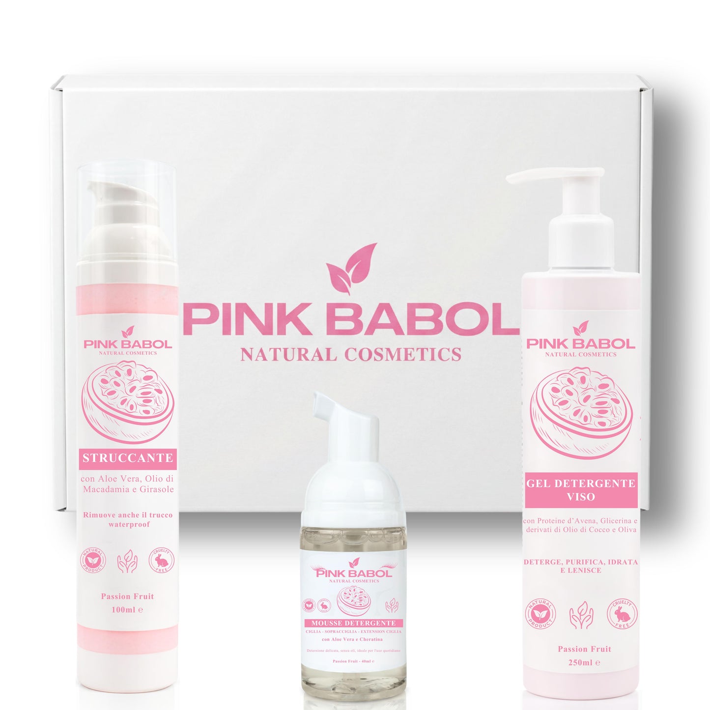 Kit Detersione PRO - Routine Completa di Pulizia Viso con Struccante in Crema + Gel detergente + Mousse Detergente Ciglia, Sopracciglia, Extension Ciglia-Pink Babol