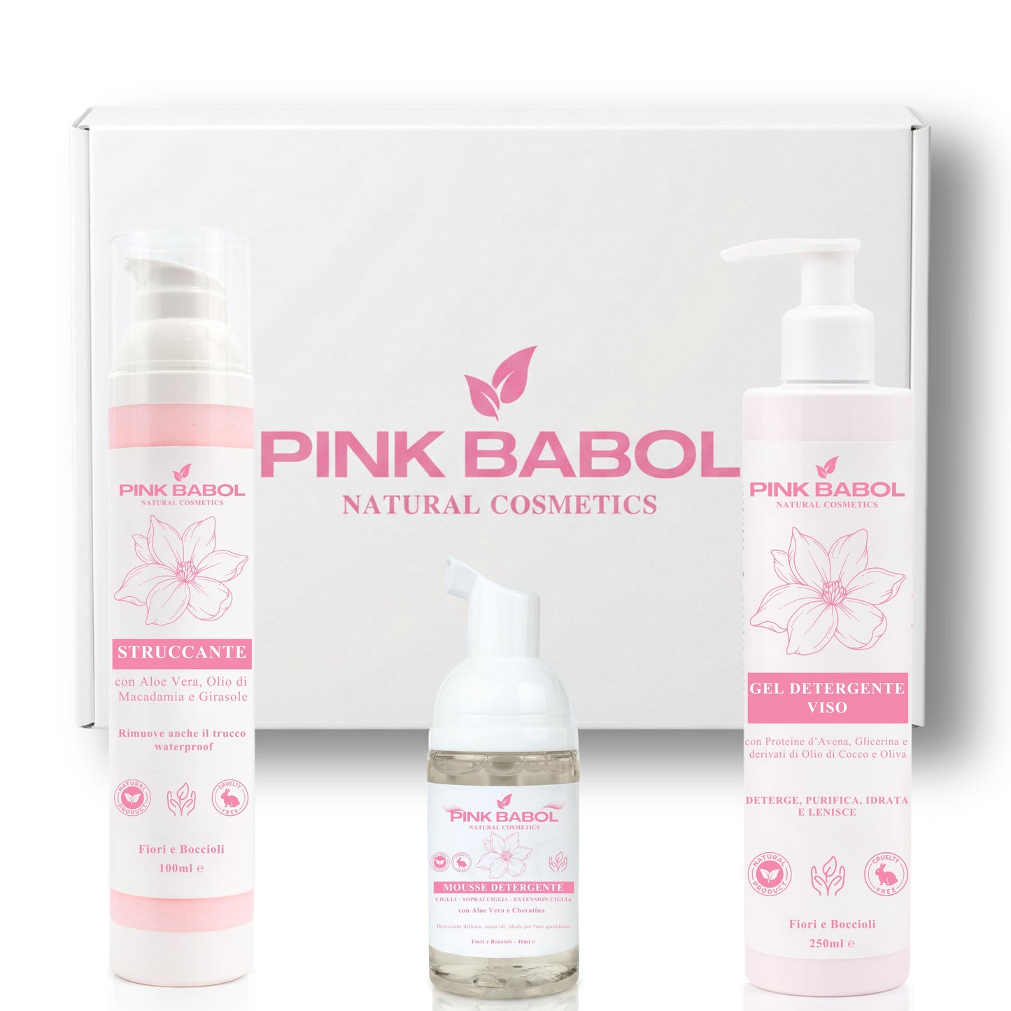 Kit Detersione PRO - Routine Completa di Pulizia Viso con Struccante in Crema + Gel detergente + Mousse Detergente Ciglia, Sopracciglia, Extension Ciglia-Pink Babol