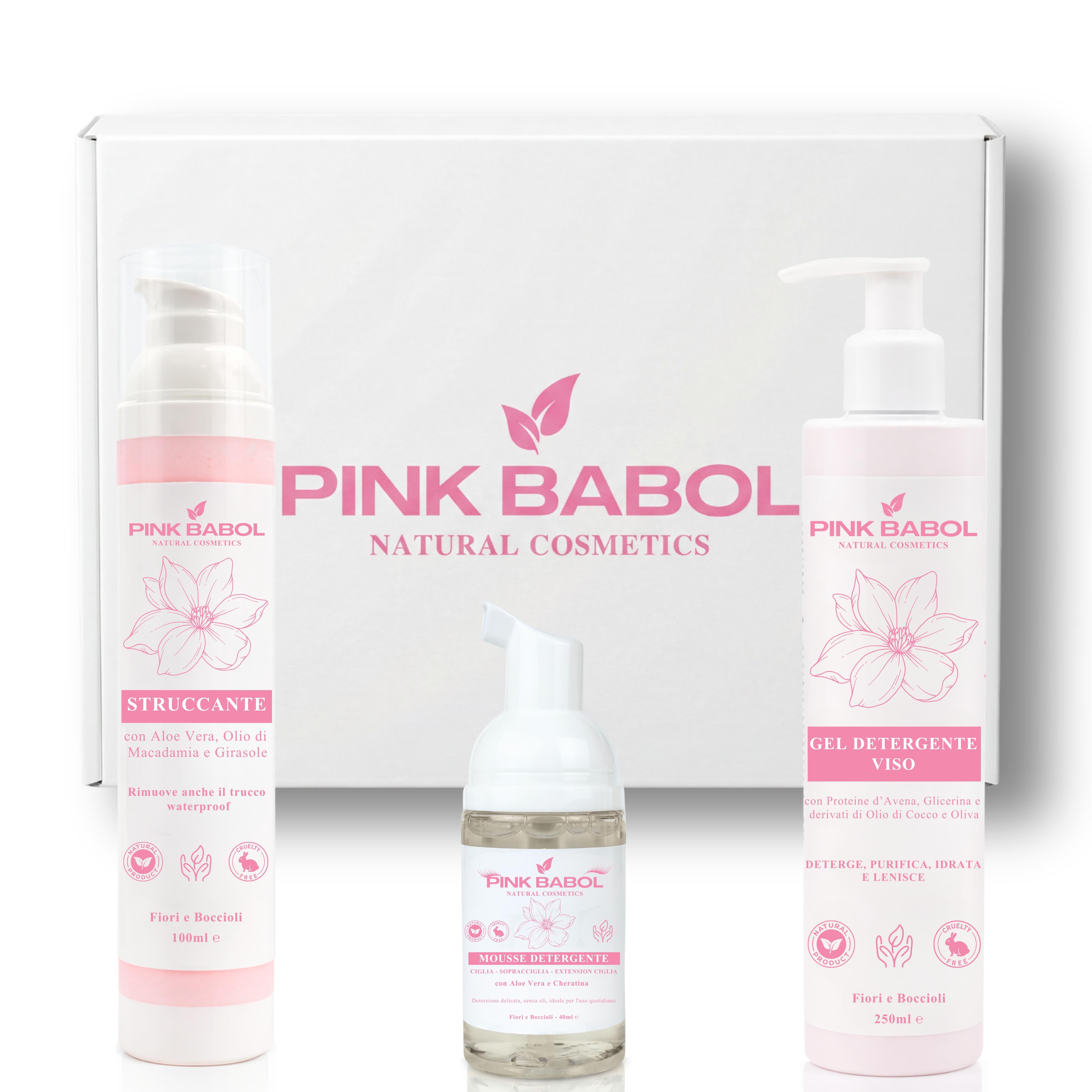 Kit Detersione PRO - Routine Completa di Pulizia Viso con Struccante in Crema + Gel detergente + Mousse Detergente Ciglia, Sopracciglia, Extension Ciglia-Pink Babol