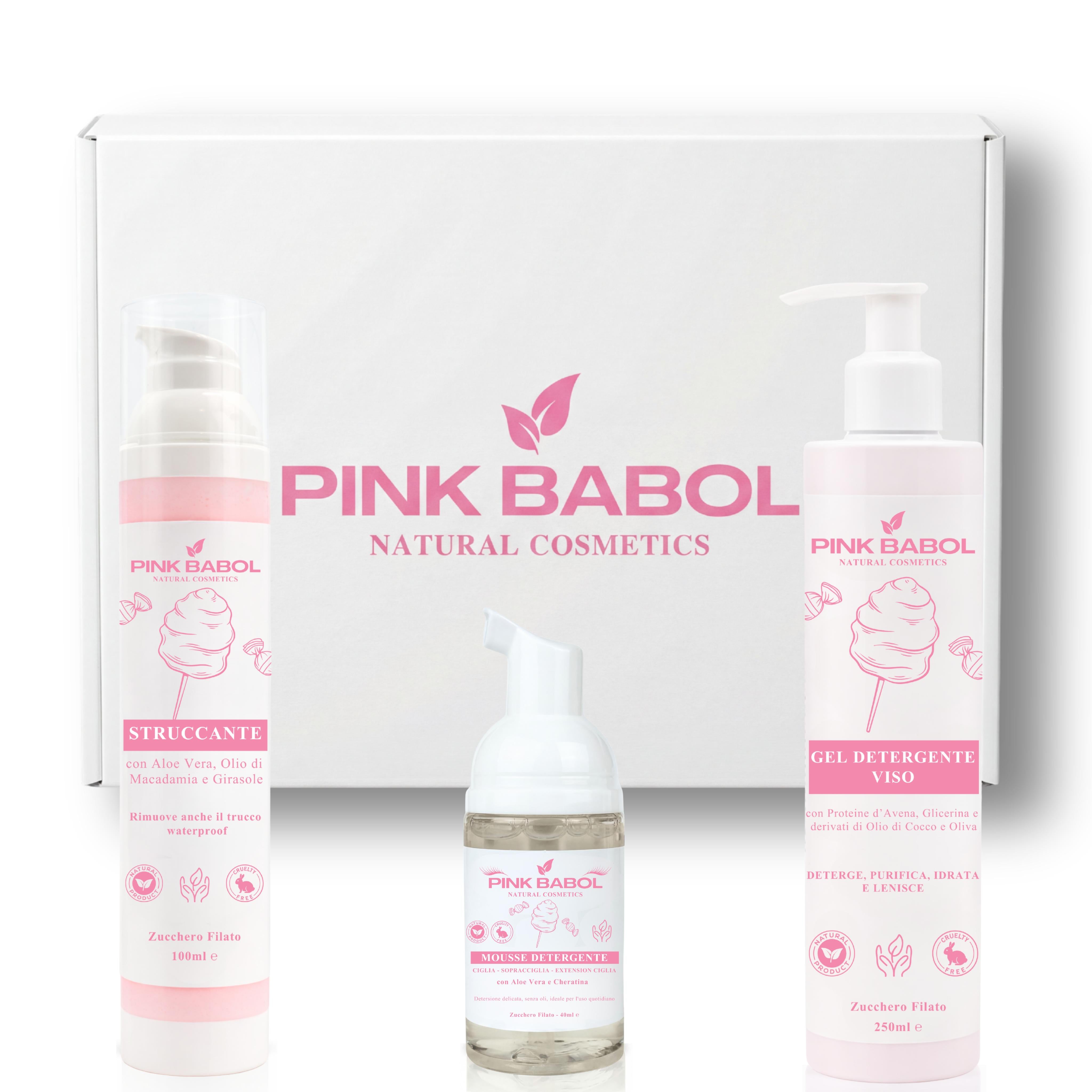 Kit Detersione PRO - Routine Completa di Pulizia Viso con Struccante in Crema + Gel detergente + Mousse Detergente Ciglia, Sopracciglia, Extension Ciglia-Pink Babol