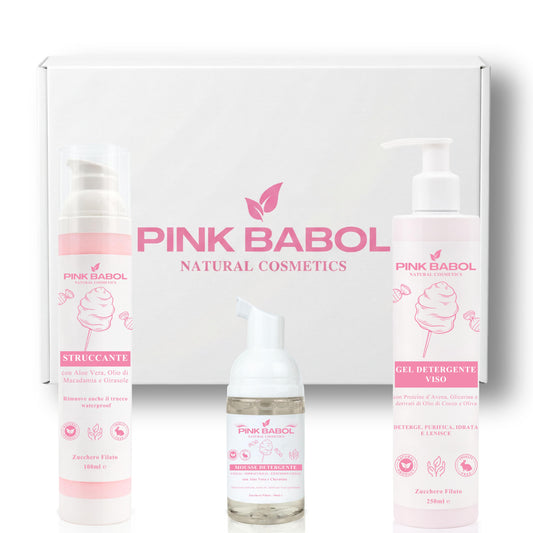 Kit Detersione PRO - Routine Completa di Pulizia Viso con Struccante in Crema + Gel detergente + Mousse Detergente Ciglia, Sopracciglia, Extension Ciglia-Pink Babol