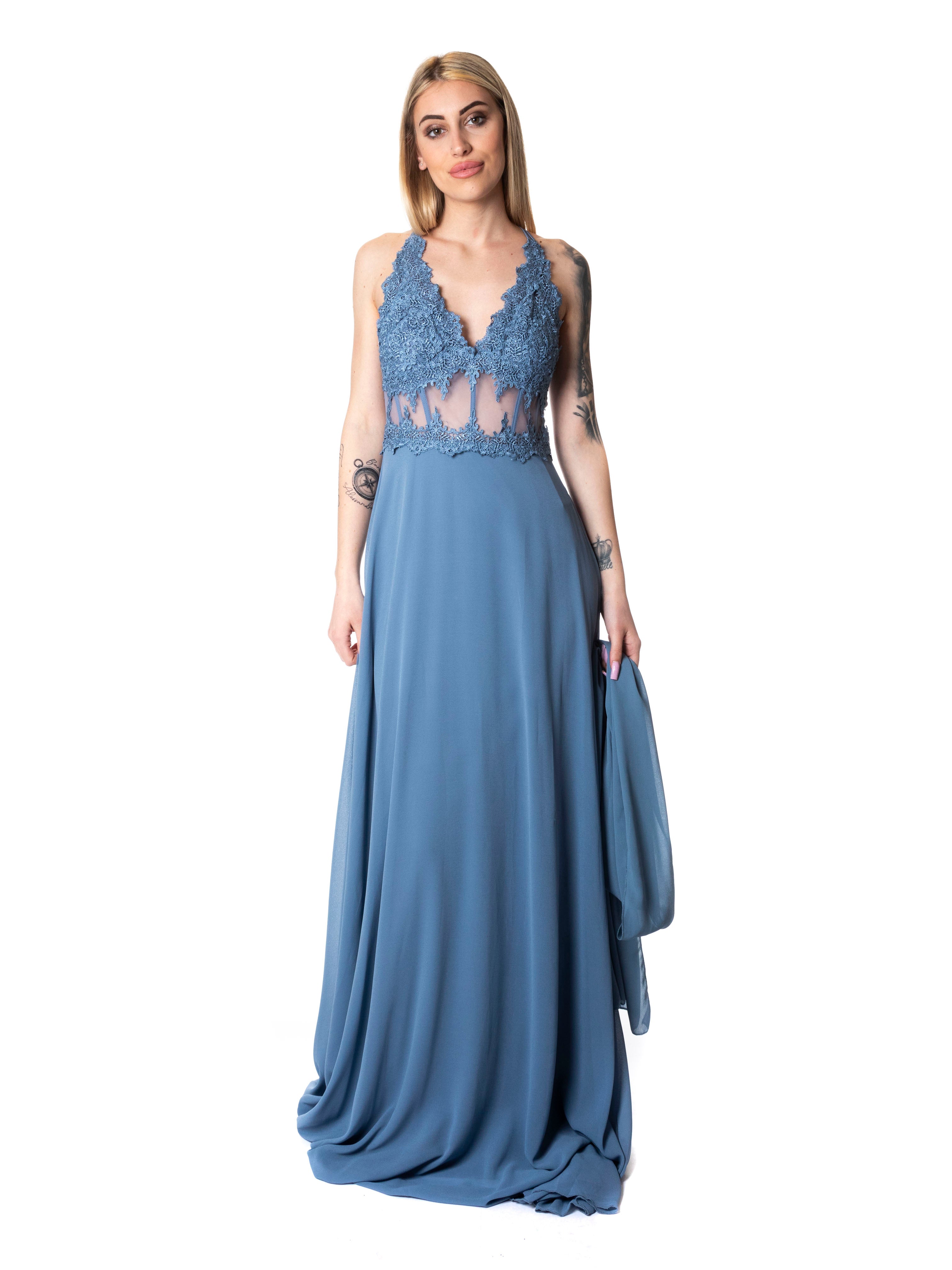 LUXURY SELECTION | Abito in crêpe con corpetto imbottito in macramè e bretelle incrociate-Pink Babol