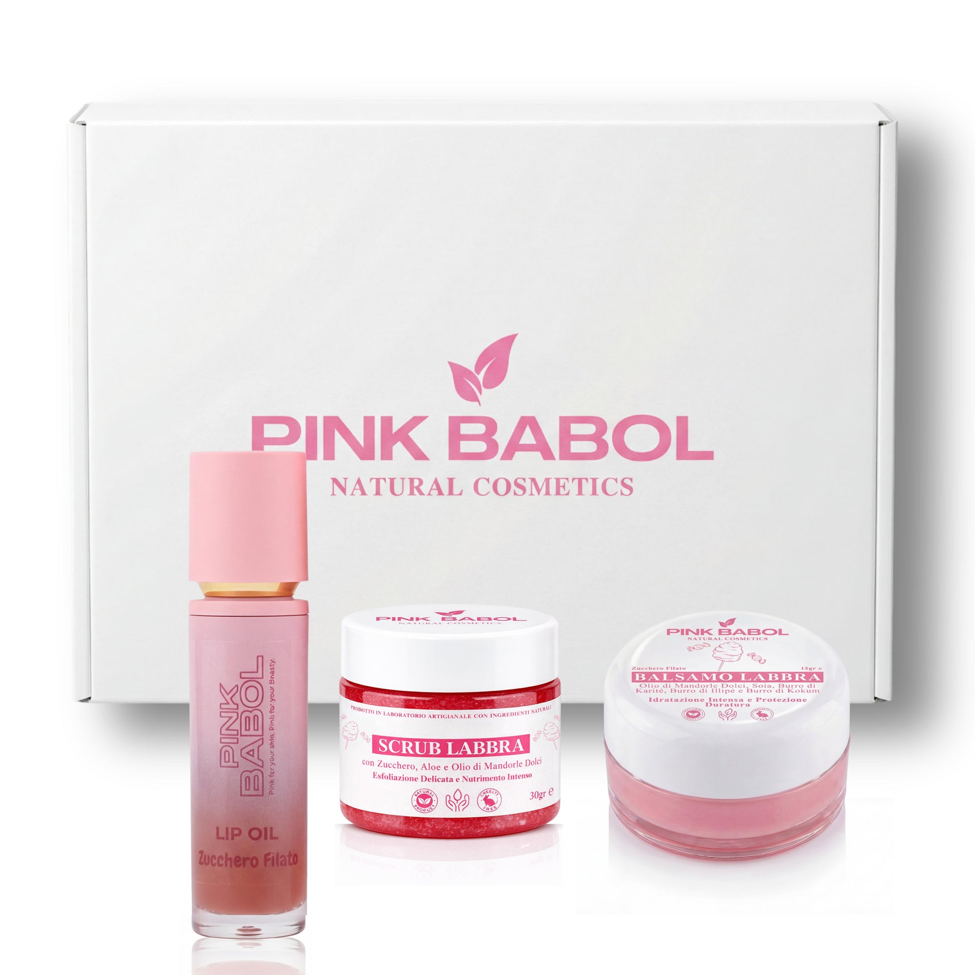 Lip Kit per Labbra perfette con Lip Oil Plumping + Scrub Labbra + Balsamo Labbra con Olio di Mandorle Dolci-Pink Babol