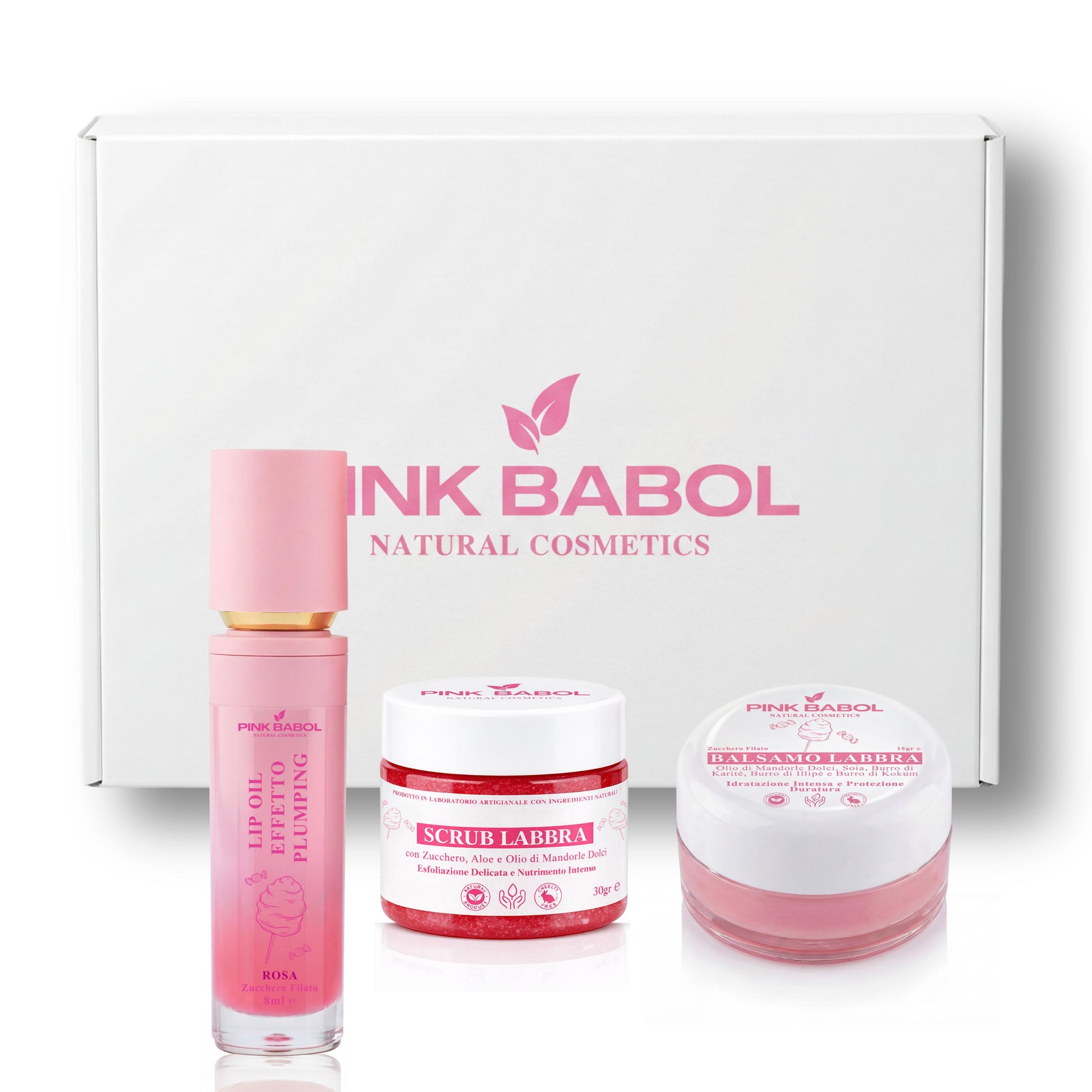 Lip Kit per Labbra perfette con Lip Oil Plumping + Scrub Labbra + Balsamo Labbra con Olio di Mandorle Dolci-Pink Babol