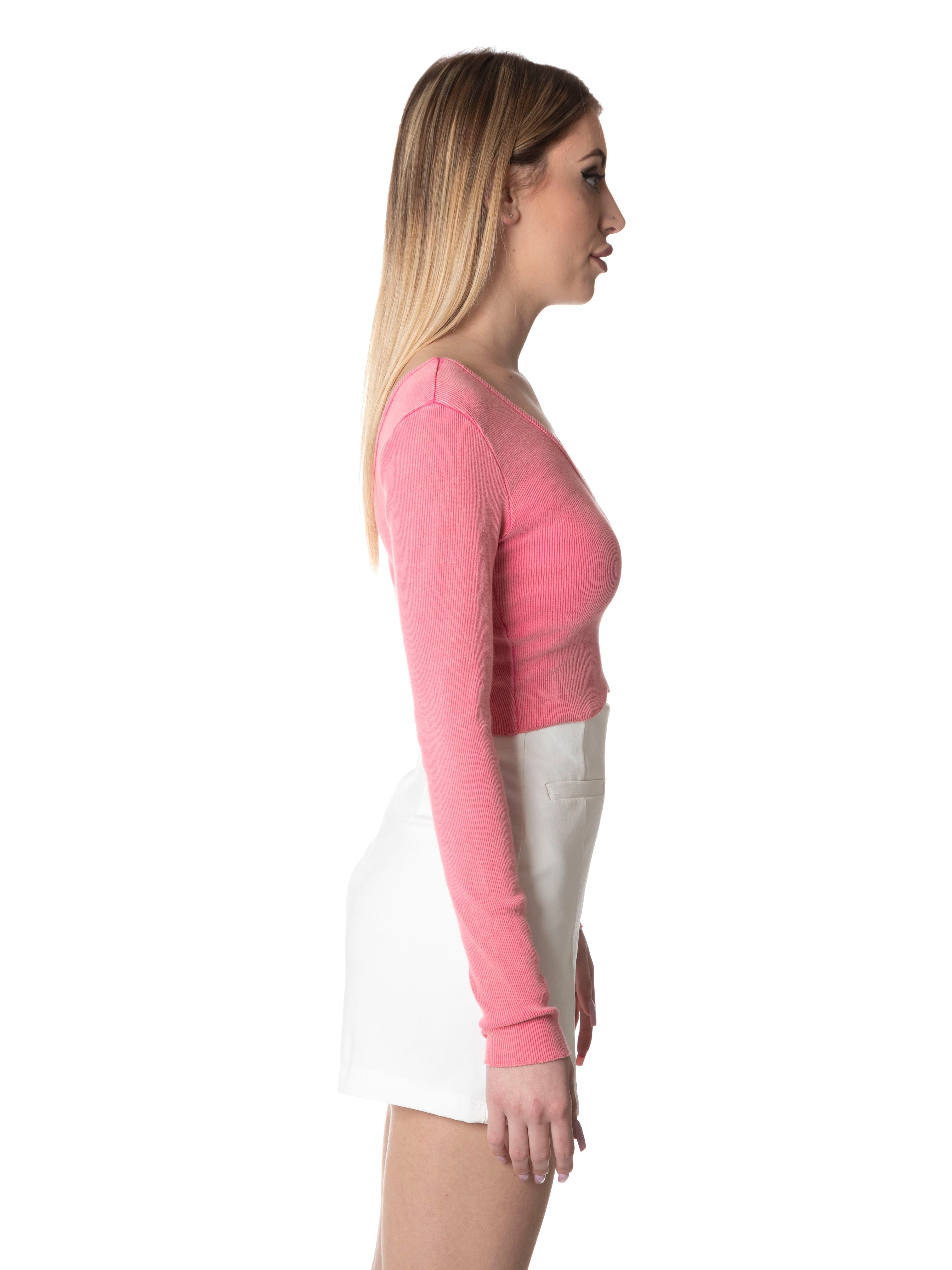 Maglia crop a costine manica lunga scollatura a V-Pink Babol