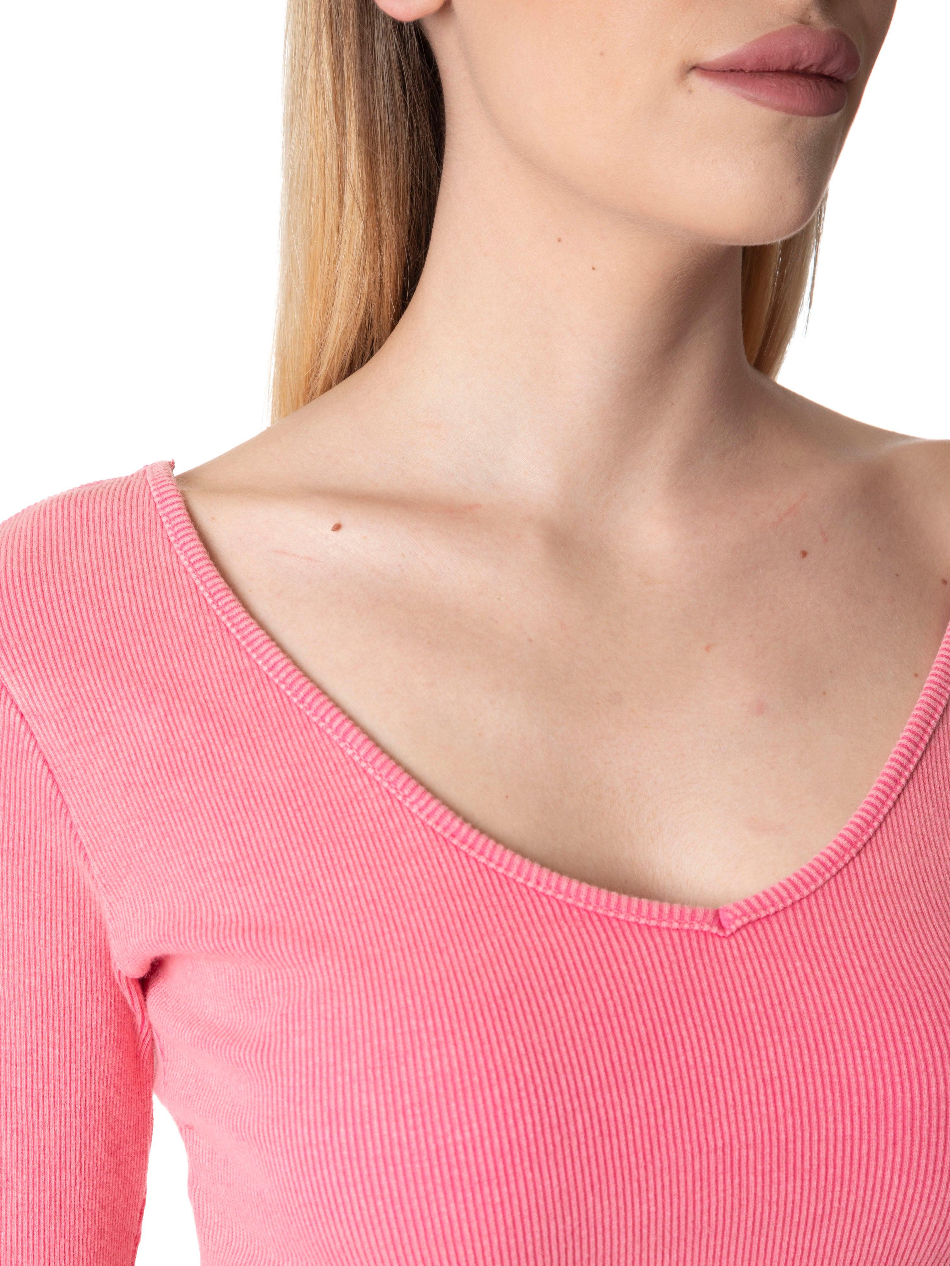 Maglia crop a costine manica lunga scollatura a V-Pink Babol