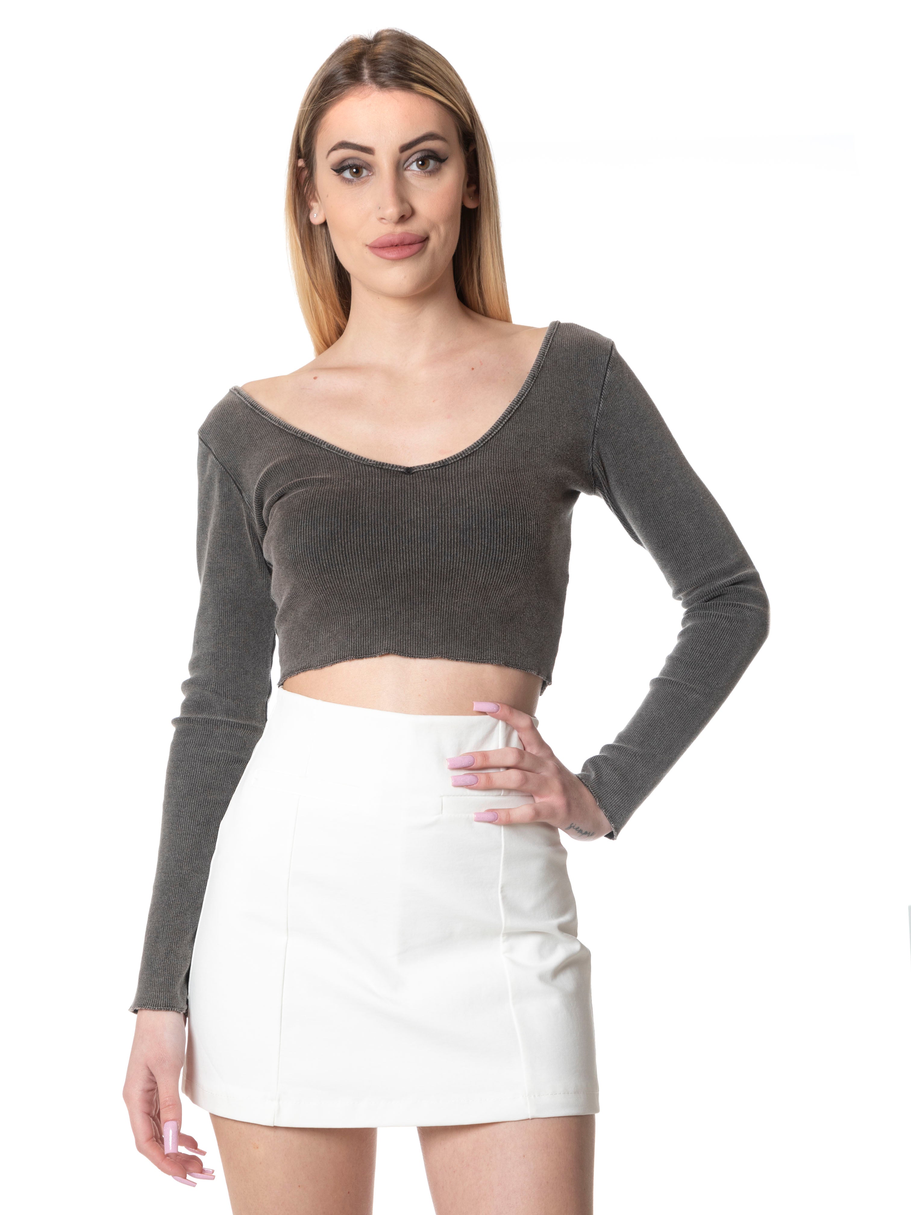 Maglia crop a costine manica lunga scollatura a V-Pink Babol