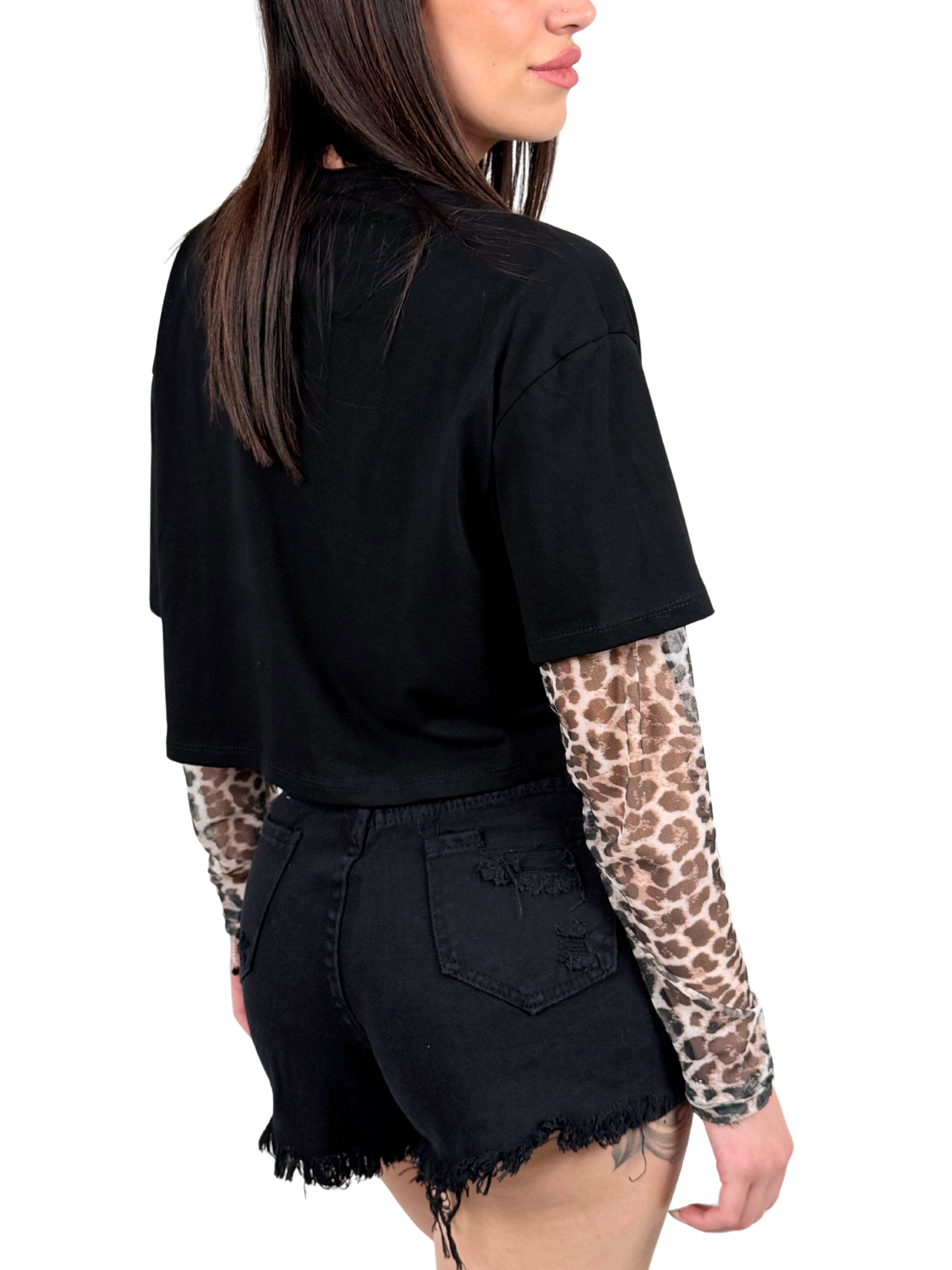 Maglia crop con maniche leopardate-Pink Babol