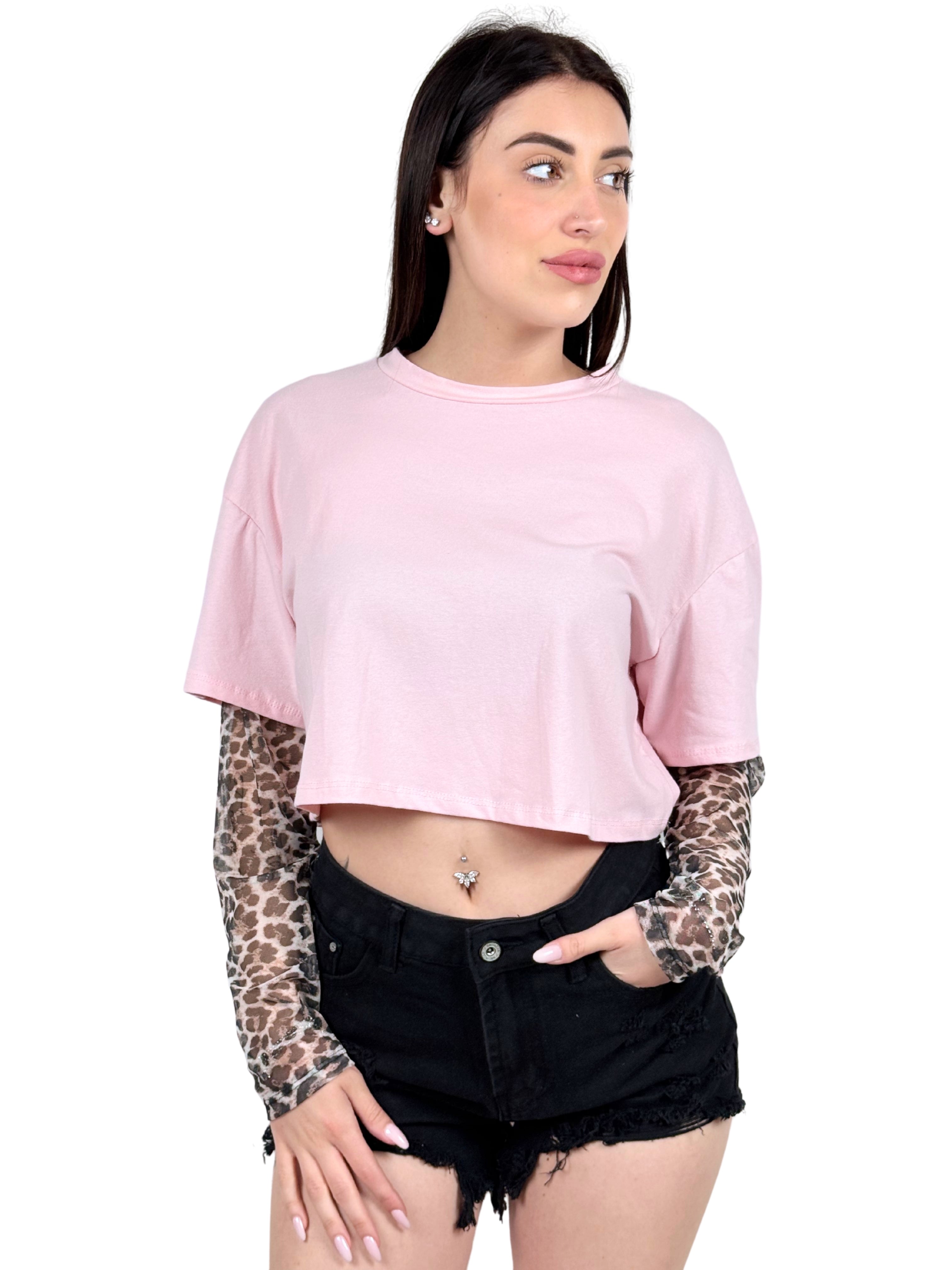 Maglia crop con maniche leopardate-Pink Babol