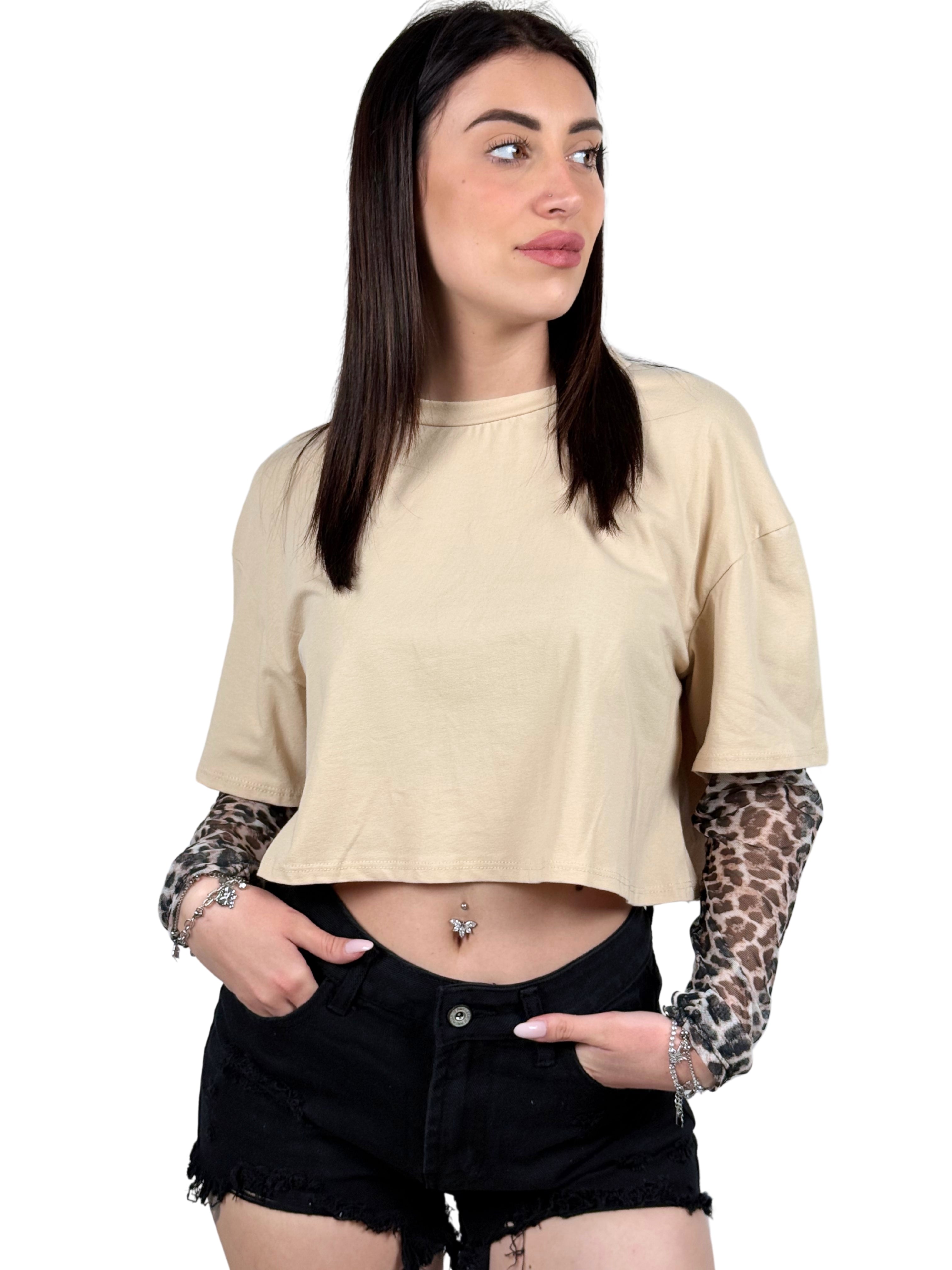 Maglia crop con maniche leopardate-Pink Babol