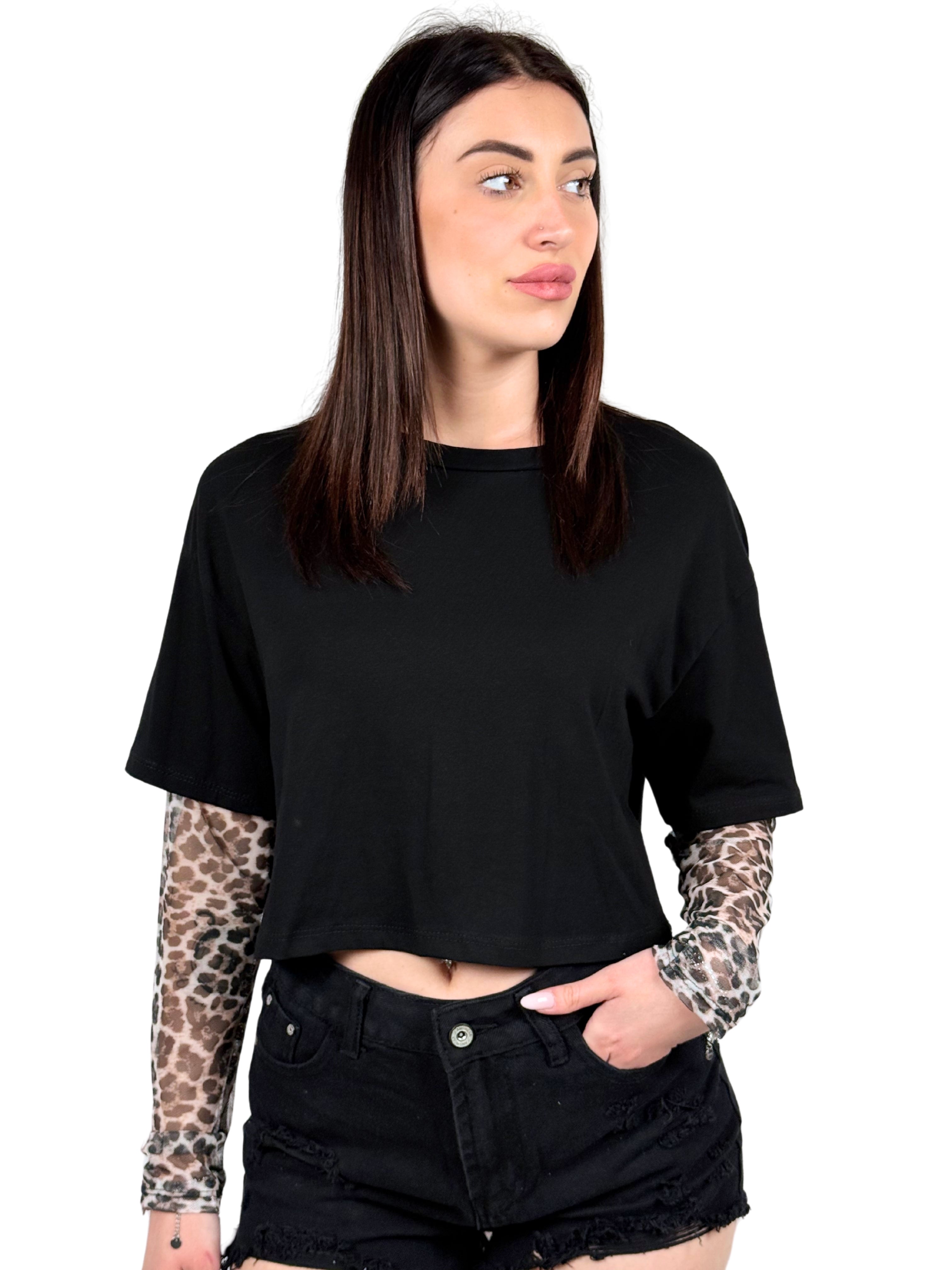 Maglia crop con maniche leopardate-Pink Babol