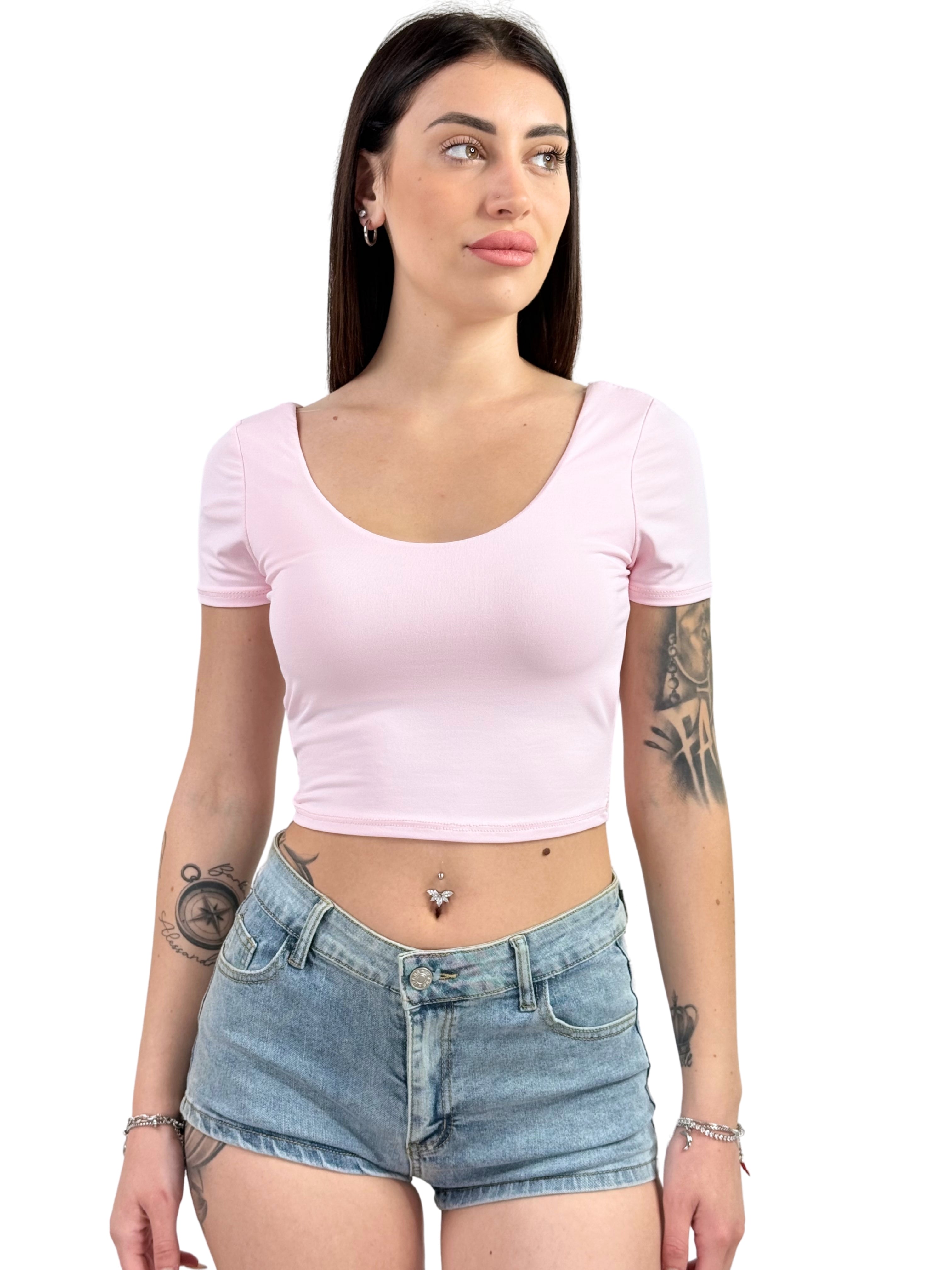 Maglia crop modellante mezza manica in microfibra-Pink Babol