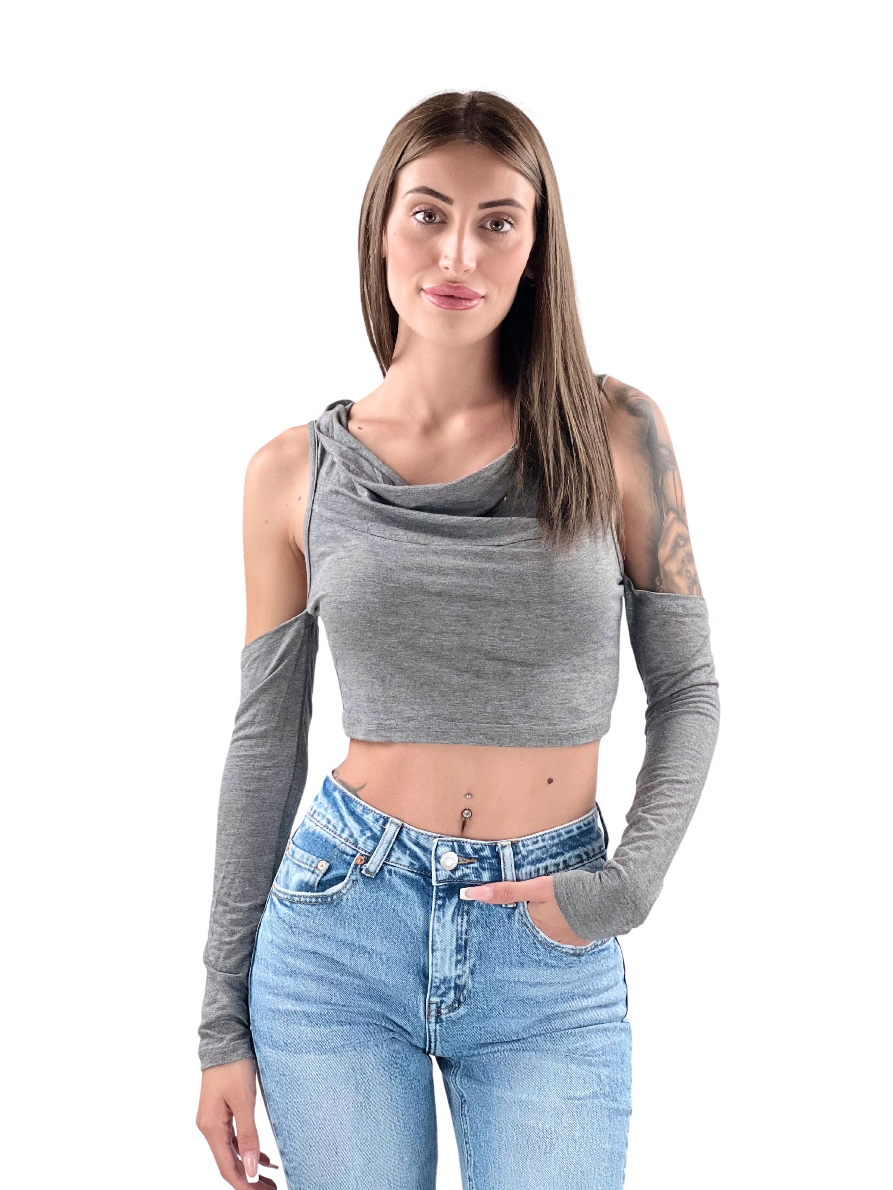 Maglia crop scollatura a cascata con cappuccio e spalle scoperte-Pink Babol