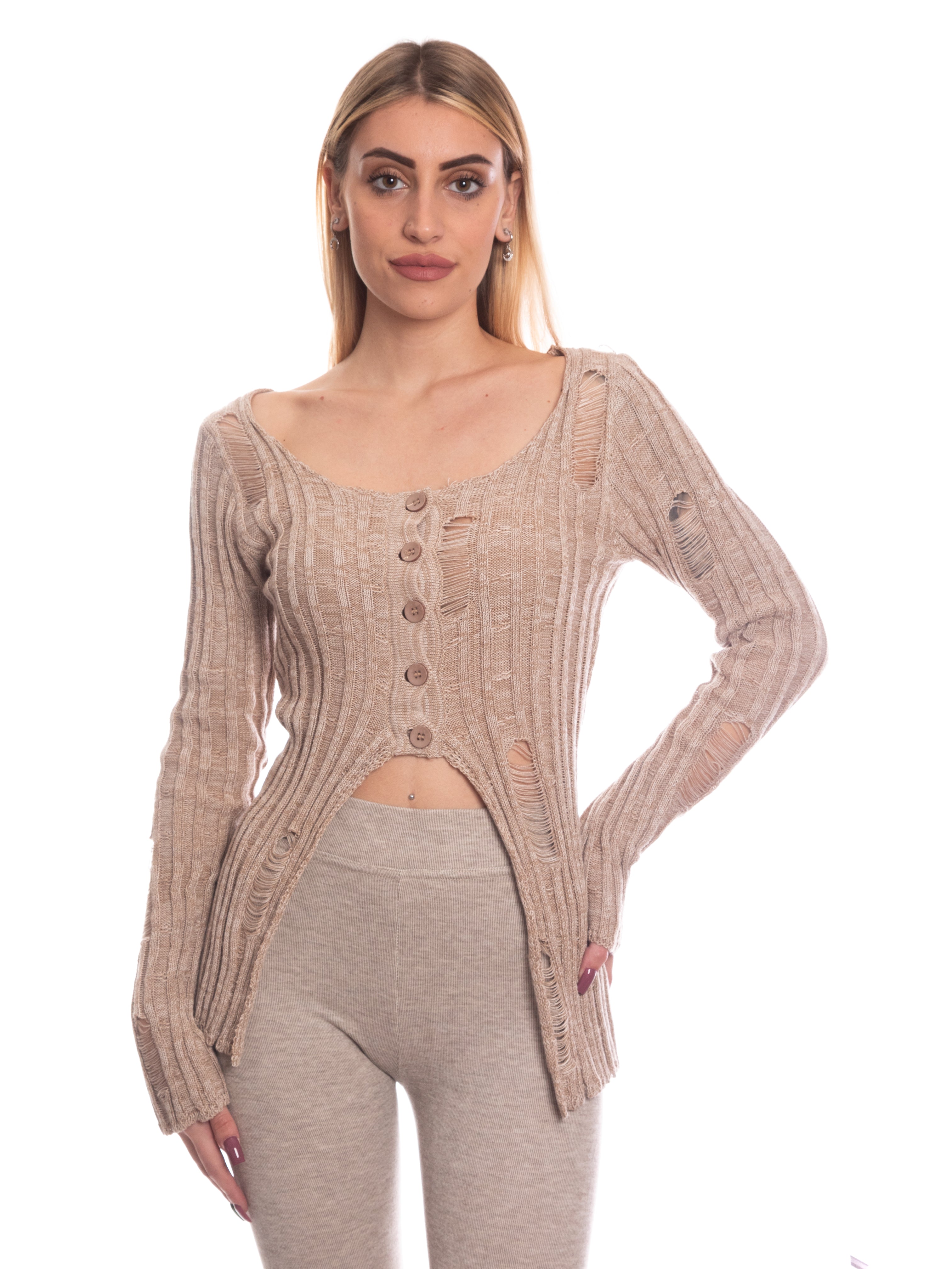 Maglia strappata effetto invecchiato con bottoni-Pink Babol