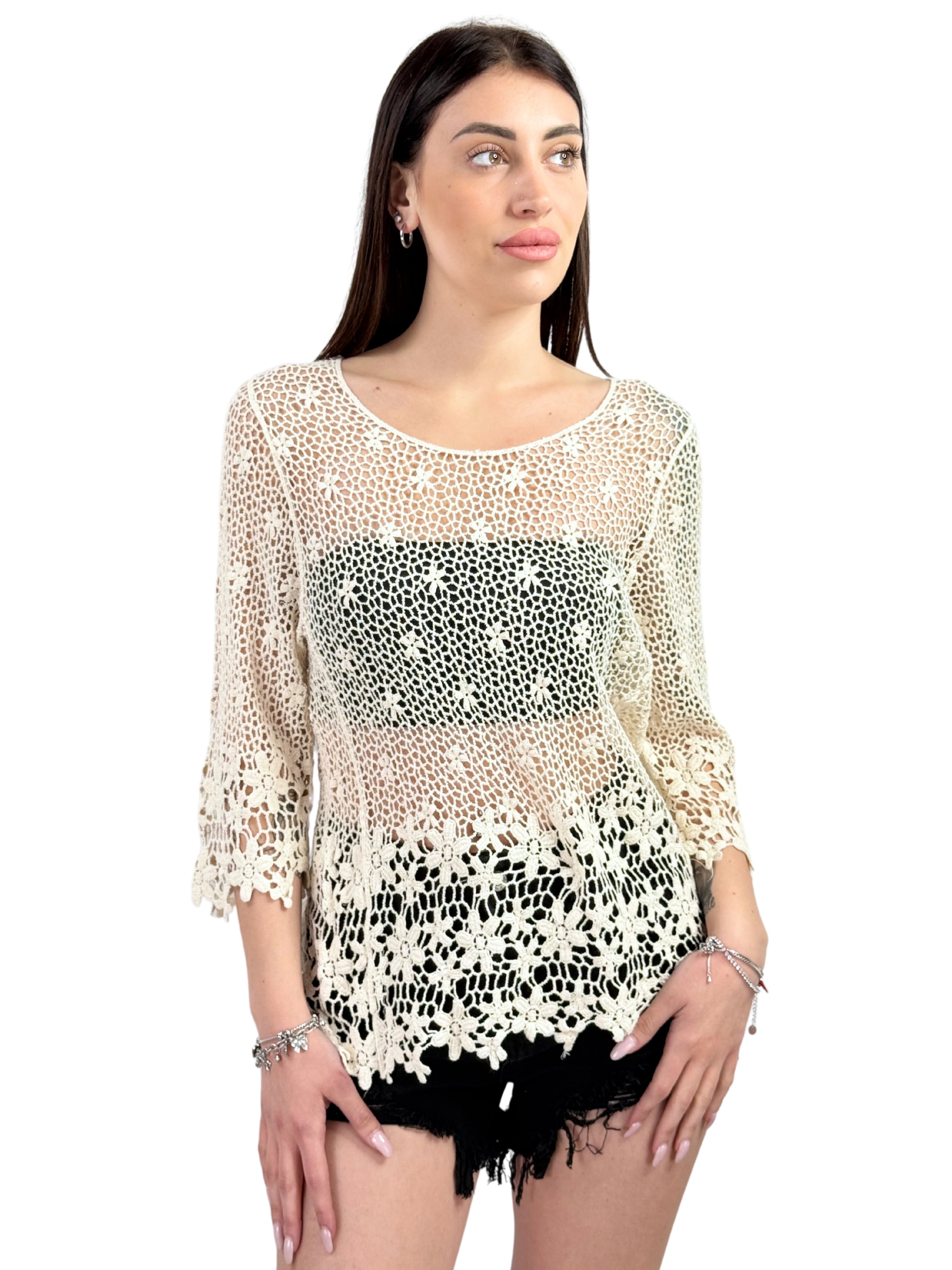 Maglia uncinetto oversize con dettagli floreali-Pink Babol