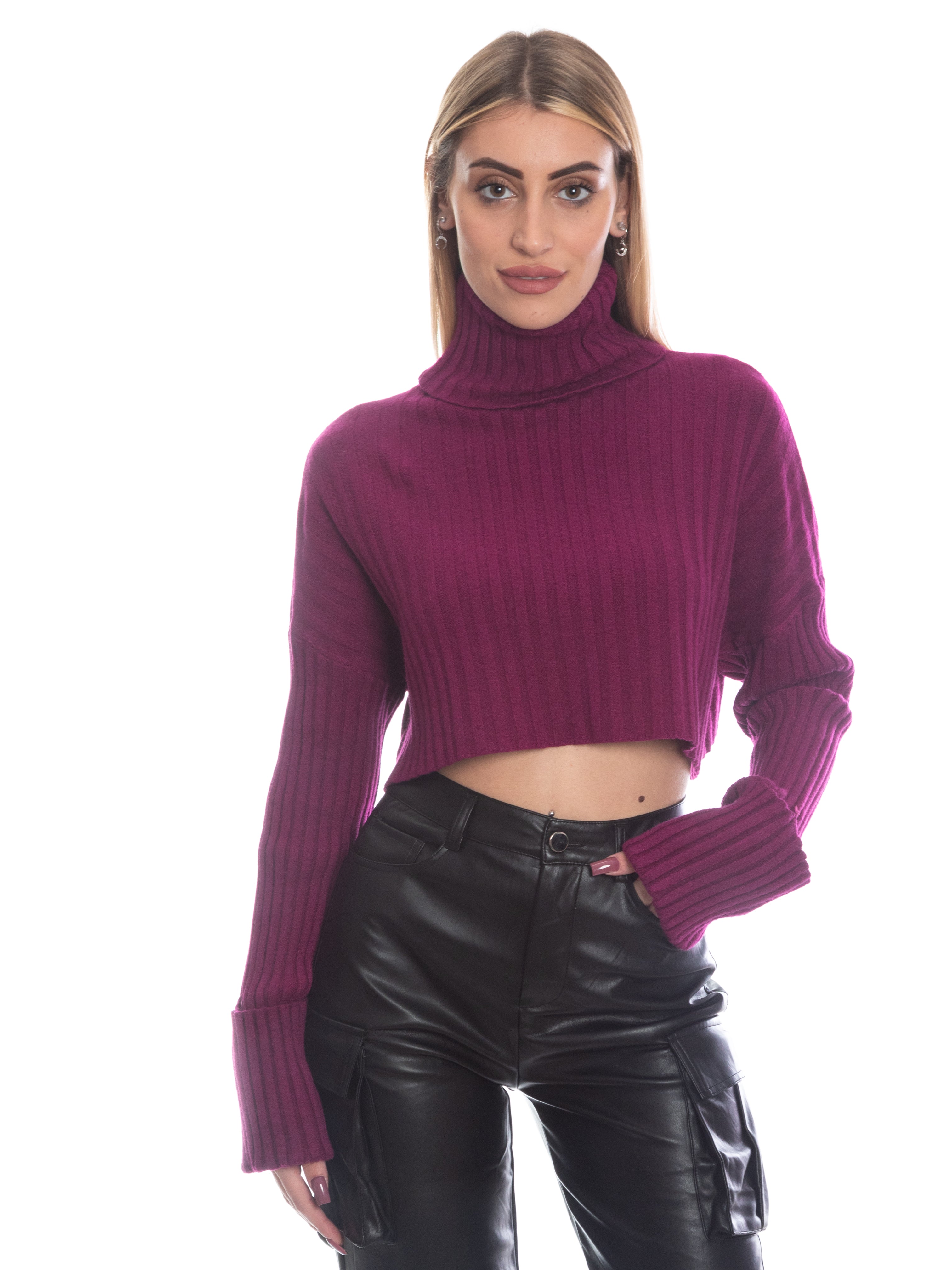 Maglioncino crop collo alto calda viscosa-Pink Babol