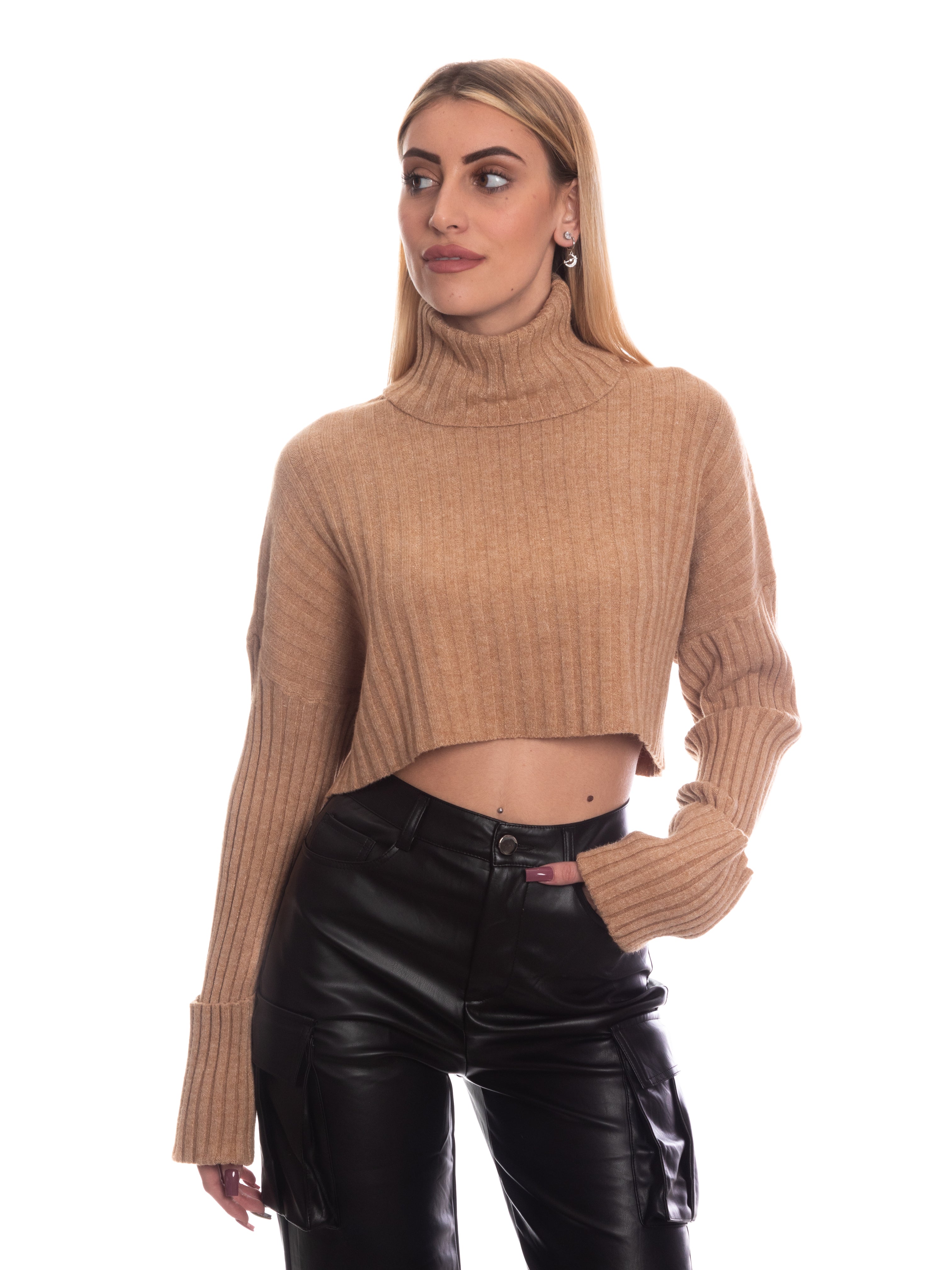 Maglioncino crop collo alto calda viscosa-Pink Babol