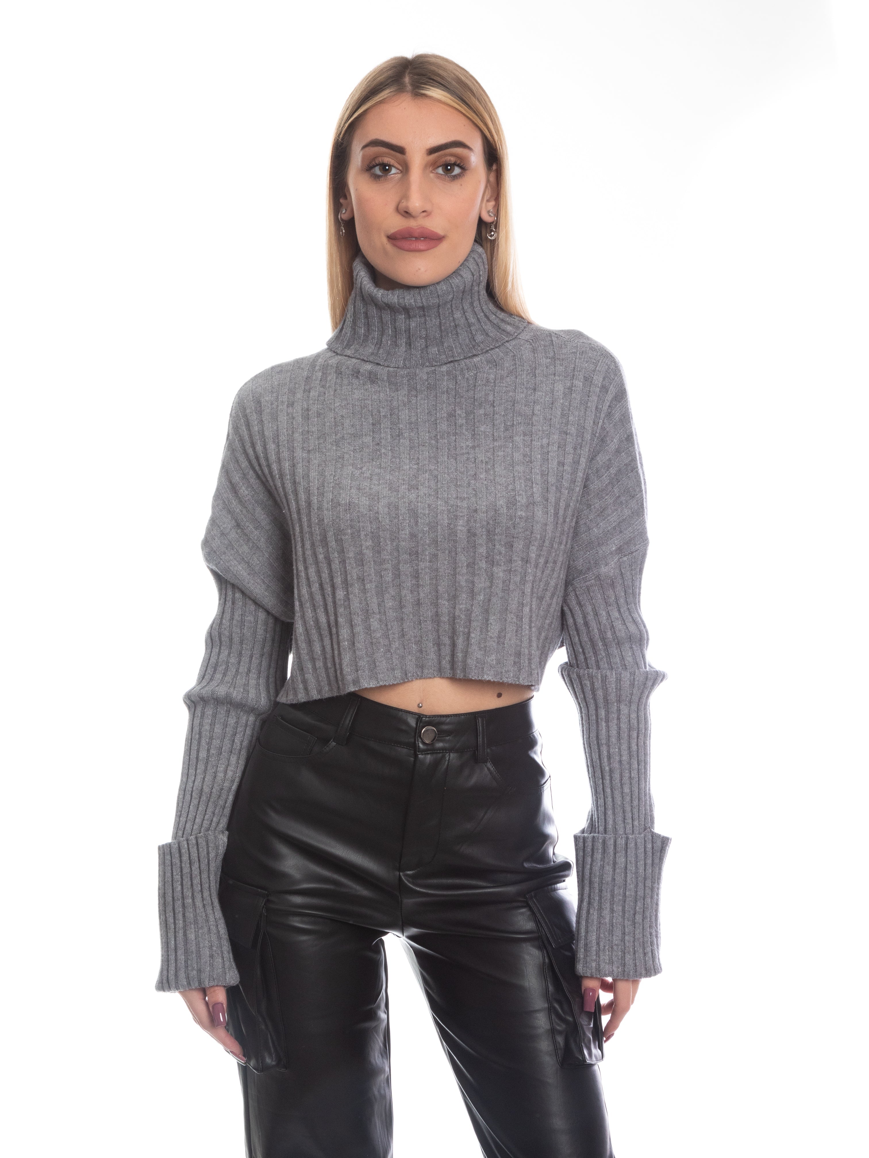 Maglioncino crop collo alto calda viscosa-Pink Babol