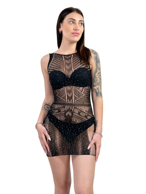 Mini abito in rete con strass e motivo geometrico-Pink Babol