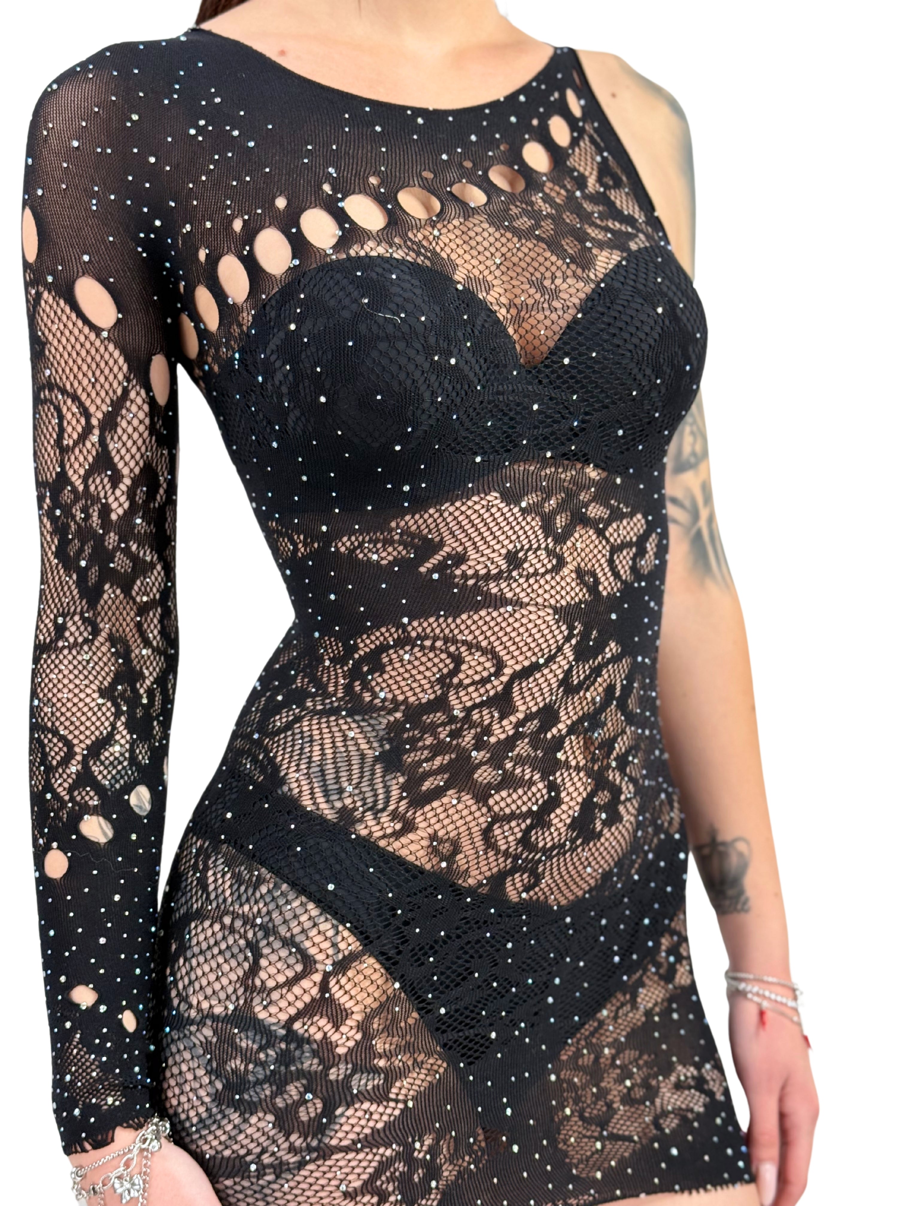 Mini abito in rete con strass, inserti cut-out e dettagli in pizzo-Pink Babol